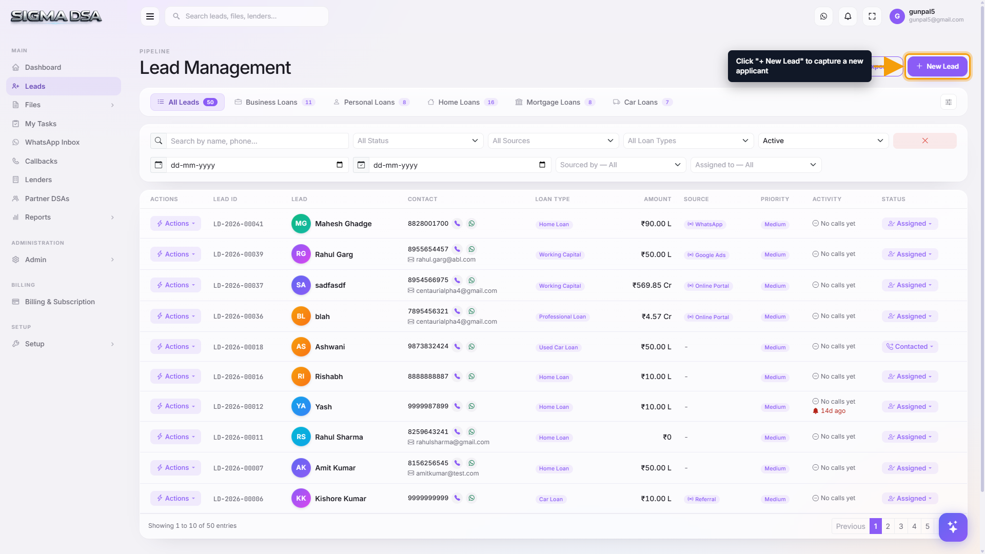 Leads list with the New Lead button highlighted in the top right