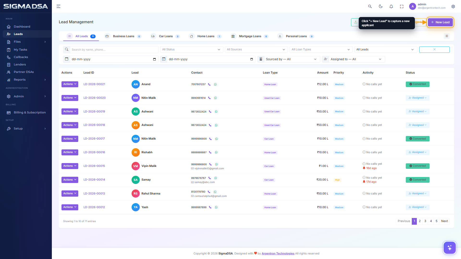 Leads list with the New Lead button highlighted in the top right