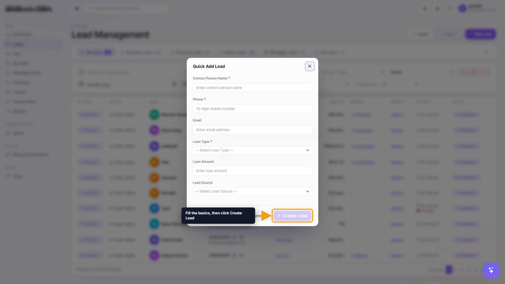 Quick Add Lead modal with six fields and the Create Lead button highlighted