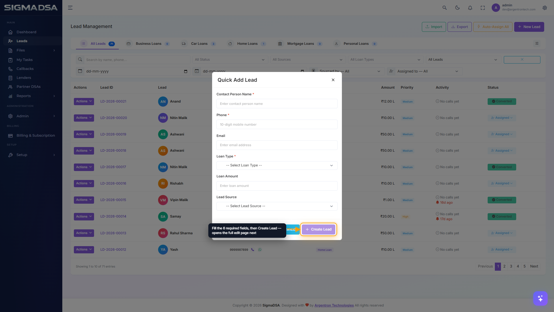 Quick Add Lead modal with six fields and the Create Lead button highlighted