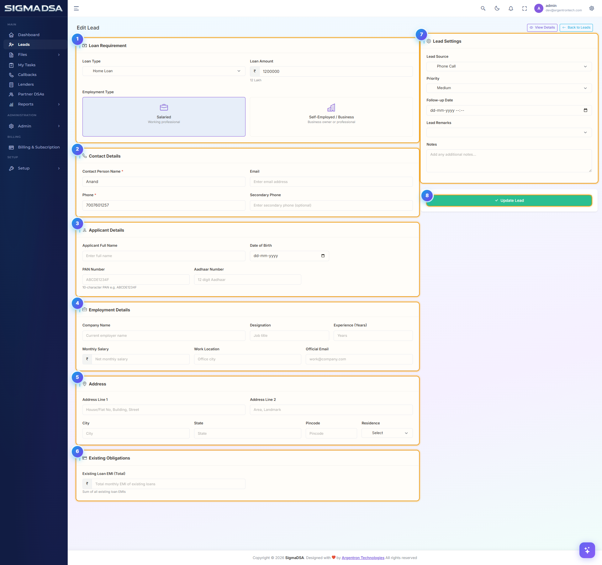 Full Edit Lead page with seven numbered cards covering Loan Requirement, Contact, Applicant, Employment, Address, Existing Obligations, and Lead Settings