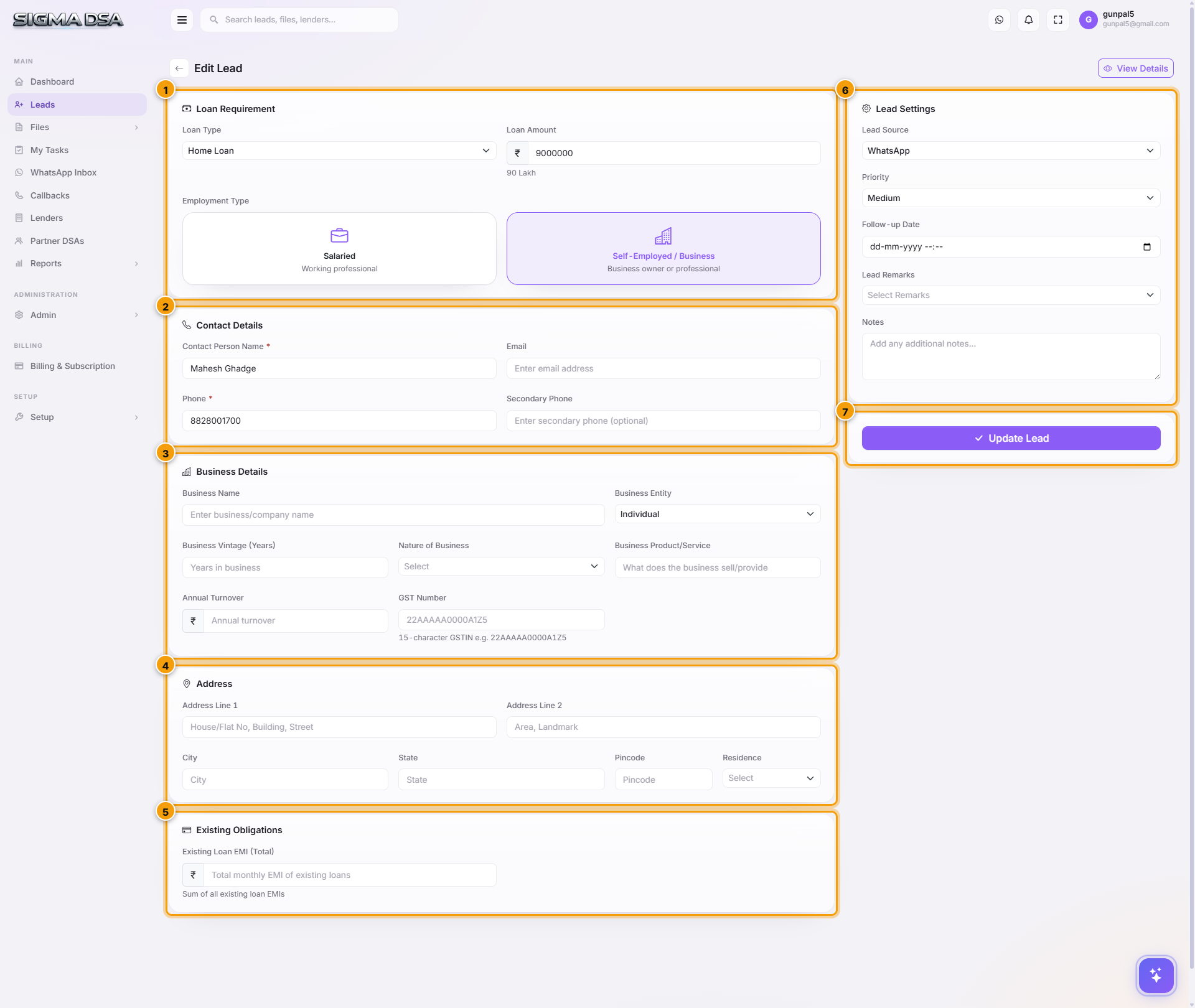 Full Edit Lead page with seven numbered cards covering Loan Requirement, Contact Details, Business Details, Address, Existing Obligations, Lead Settings, and Update Lead