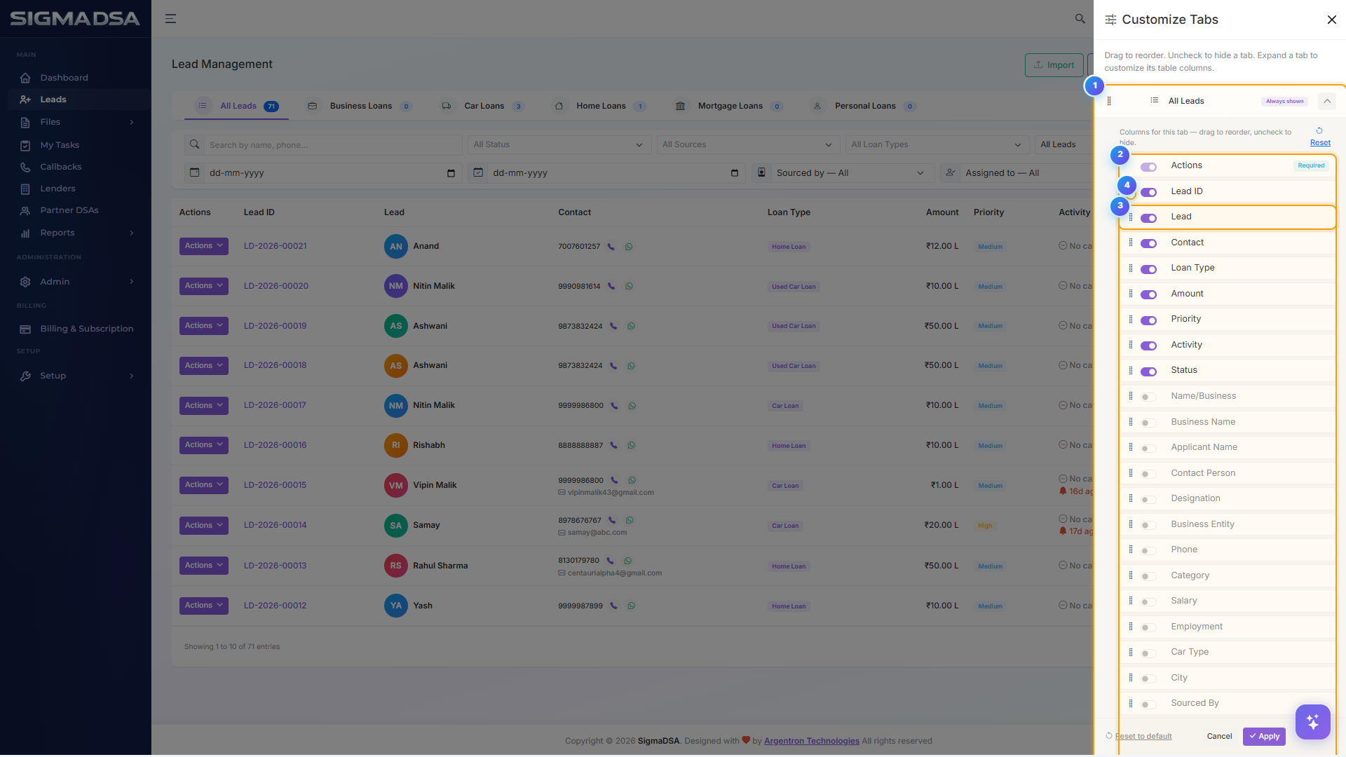 Tab customizer with the All Leads row expanded showing every available column — Actions, Lead ID, Lead, Contact, Loan Type, Amount, Priority, Activity, Status, plus loan-type-specific extras