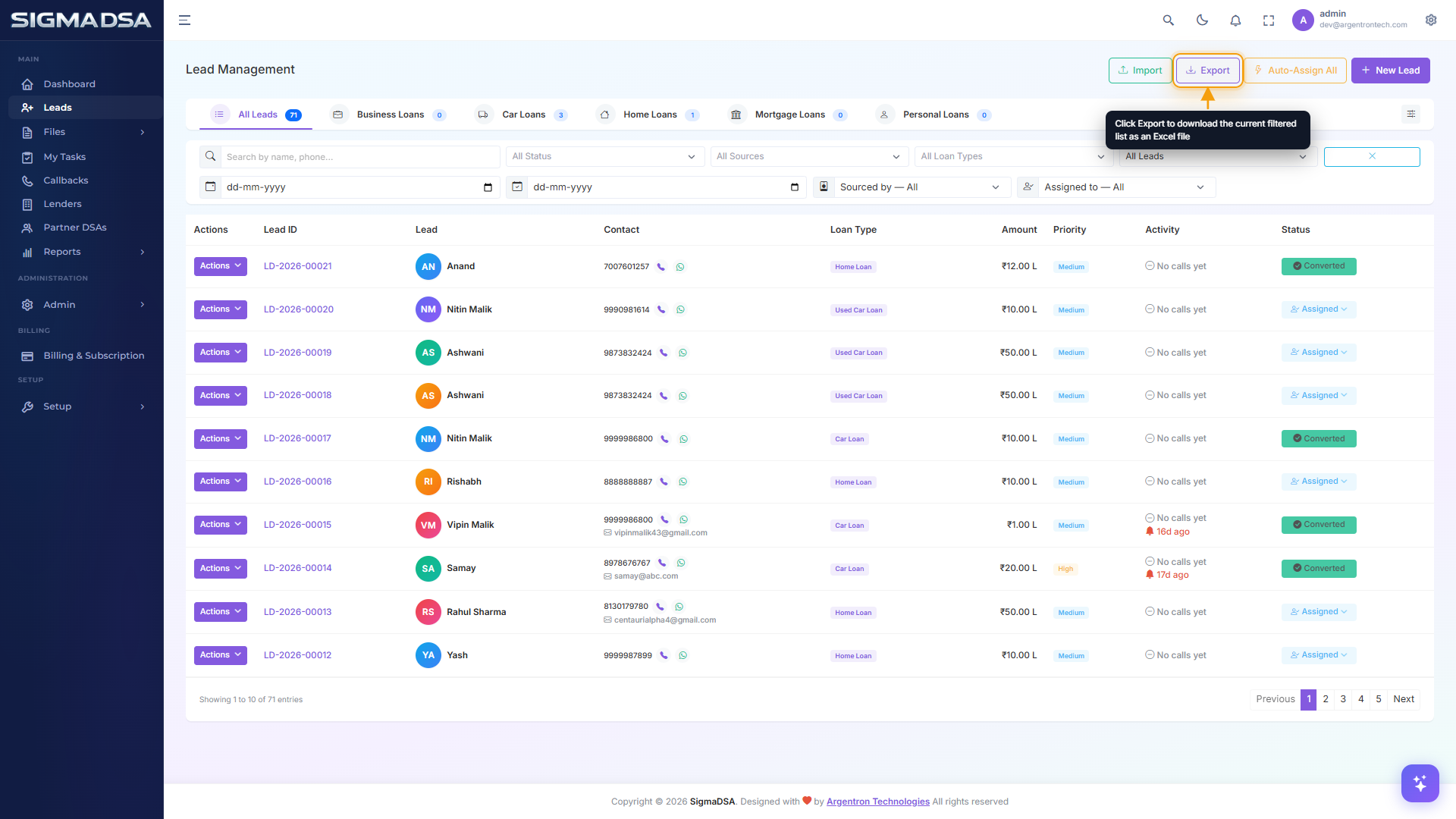 Leads page with the Export button highlighted in the top-right action bar