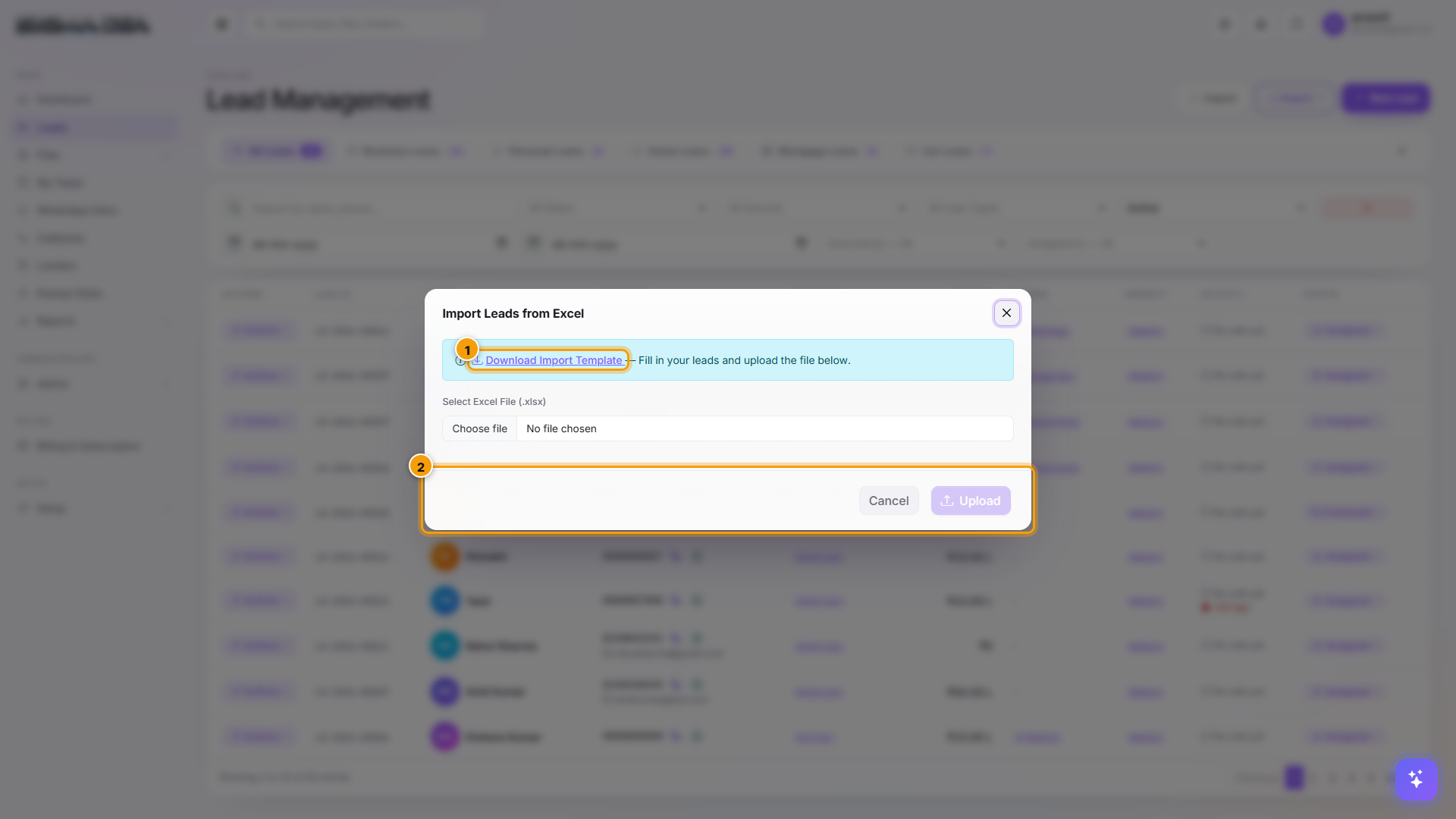 Import Leads modal with the template download link and upload area highlighted