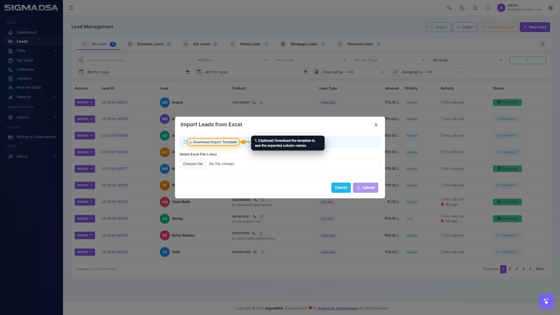 Import Leads modal with the template download link and upload area highlighted