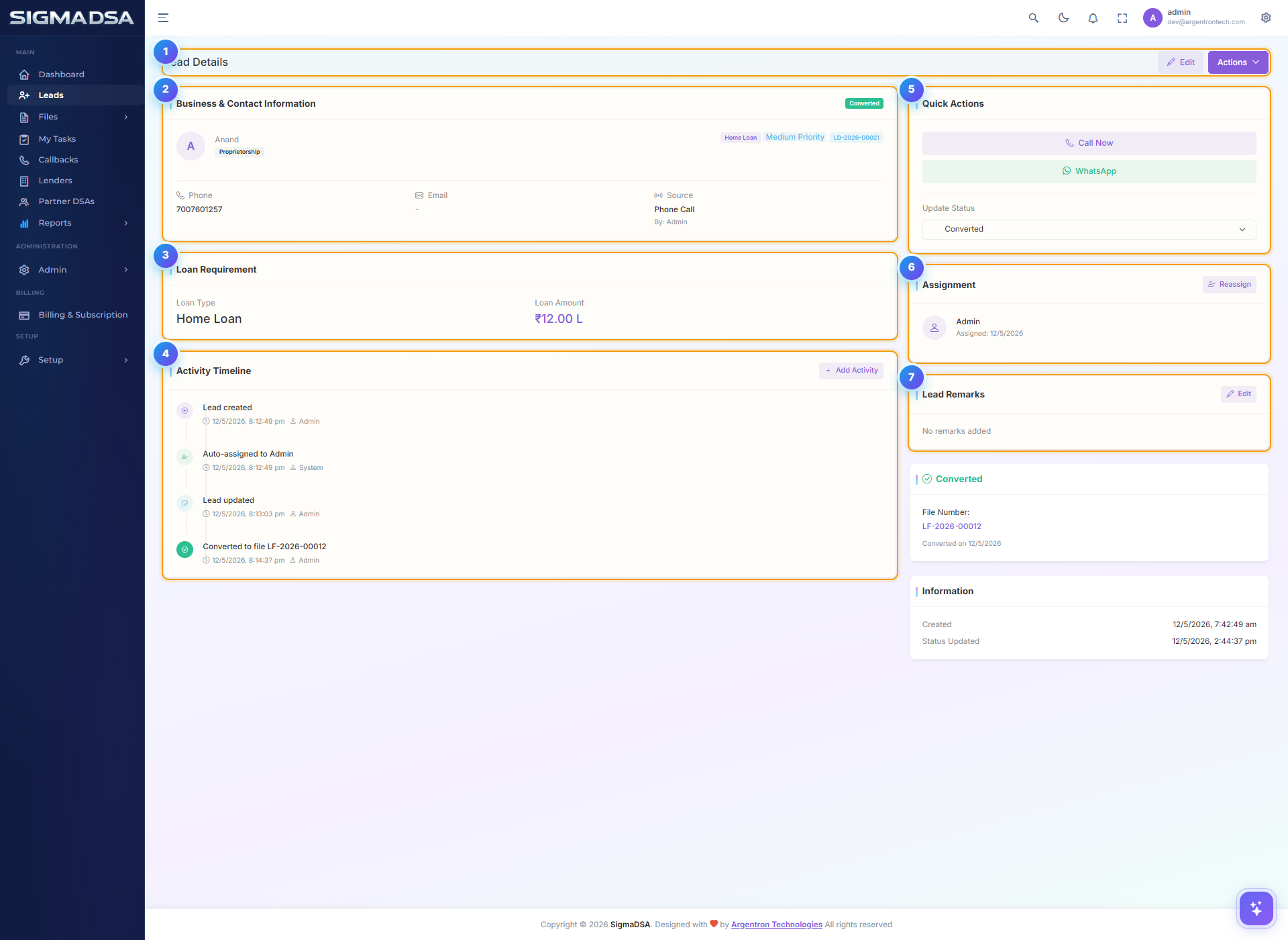 Annotated overview of the SigmaDSA lead detail page with seven numbered regions
