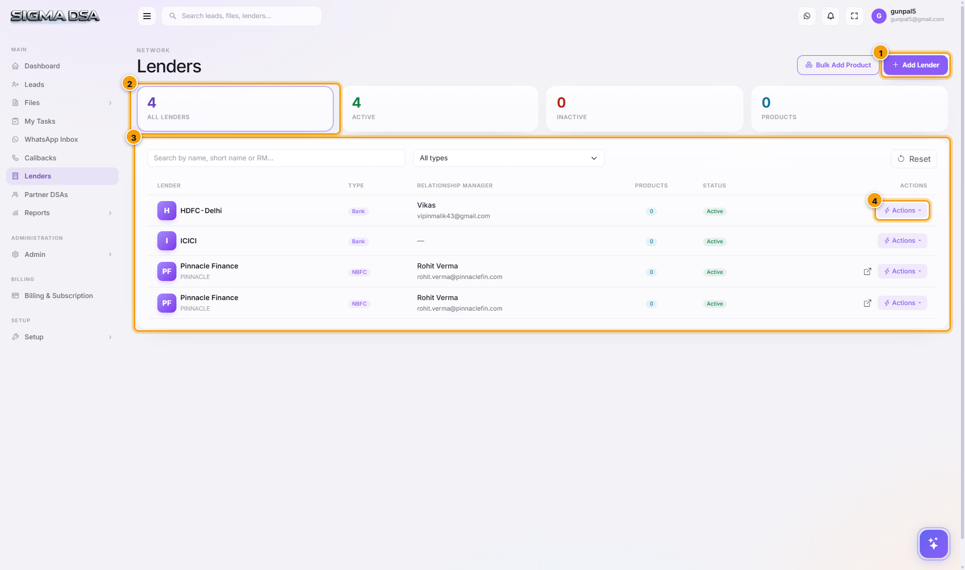 Lender Management page with Add Lender button and the lender table highlighted