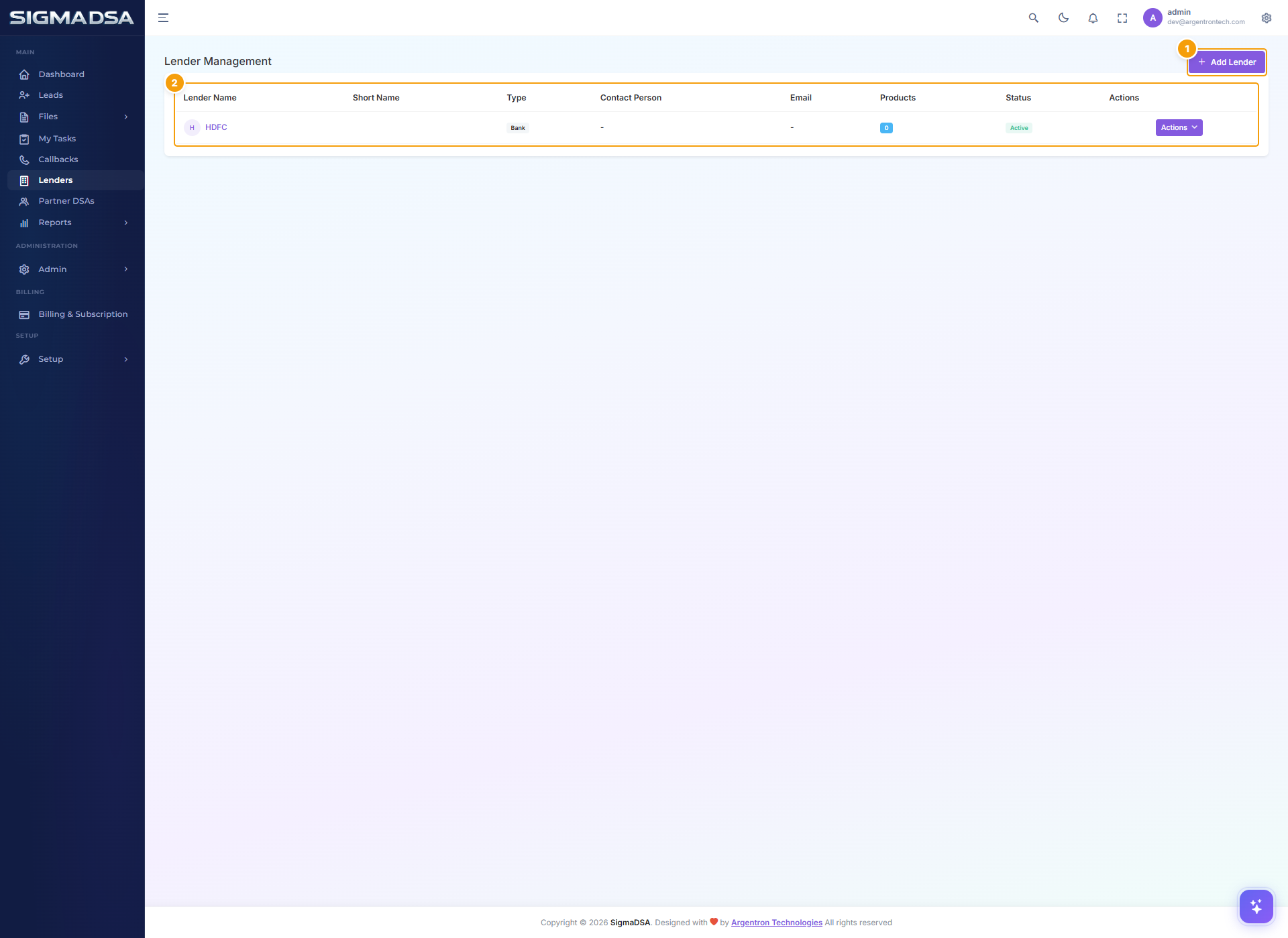 Lender Management page with Add Lender button and the lender table highlighted