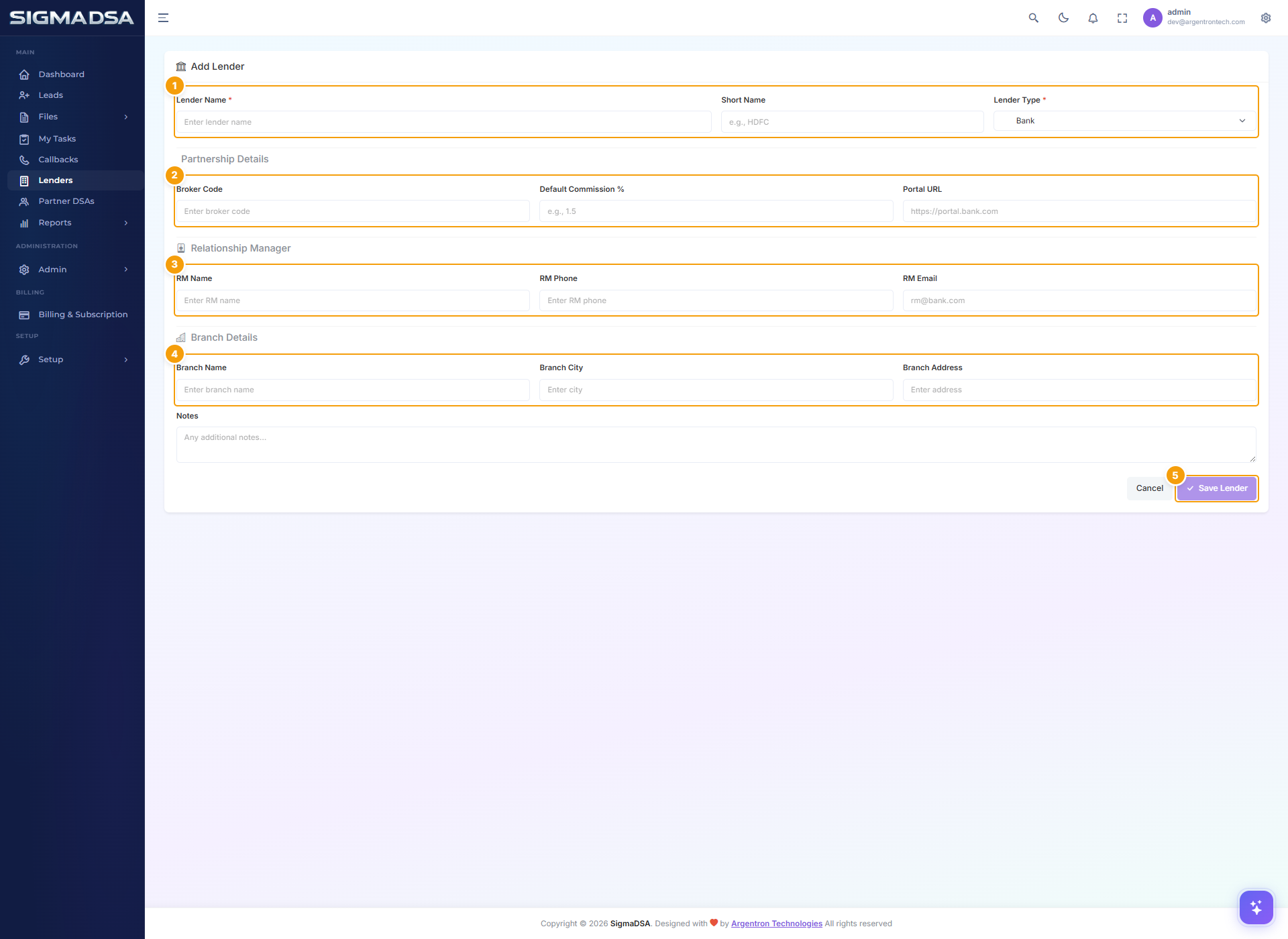 Add Lender form with Identity, Partnership Details, Relationship Manager, Branch Details, and Save Lender highlighted