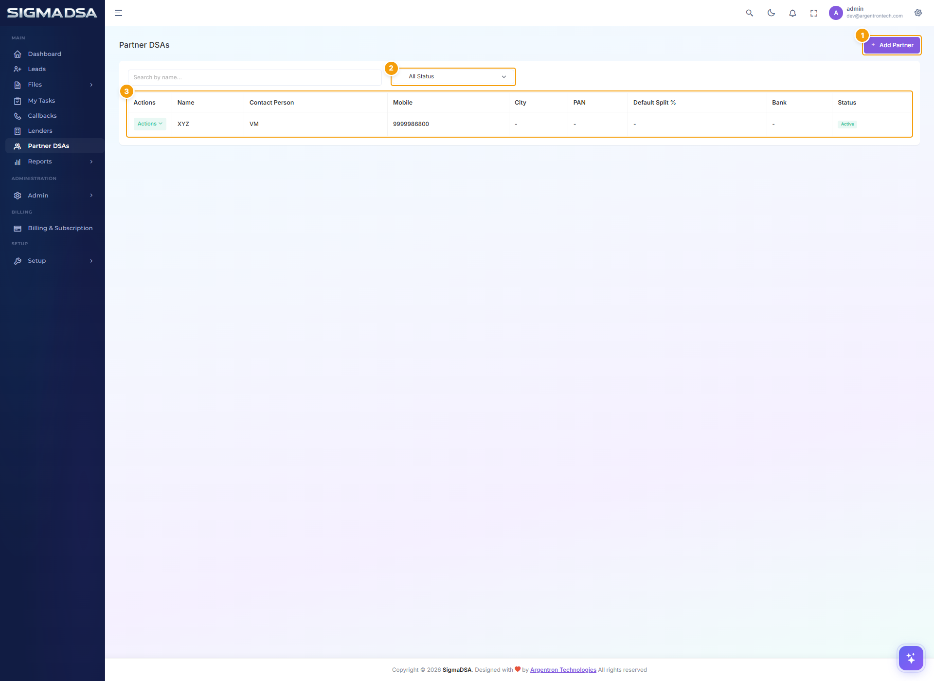Partner DSAs page with Add Partner button, status filter, and partner table highlighted