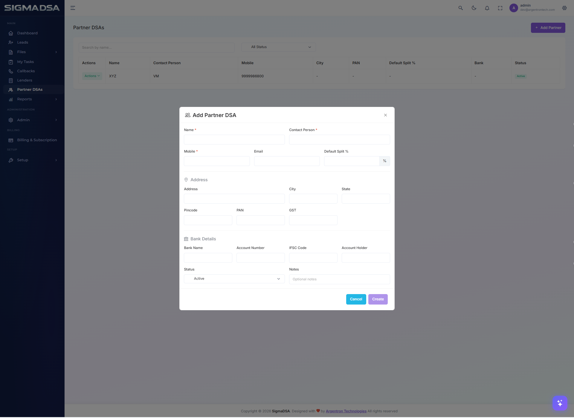 Add Partner DSA drawer with Identity, Contact + Split, Address + KYC, Bank Details, Status + Notes, and Create highlighted