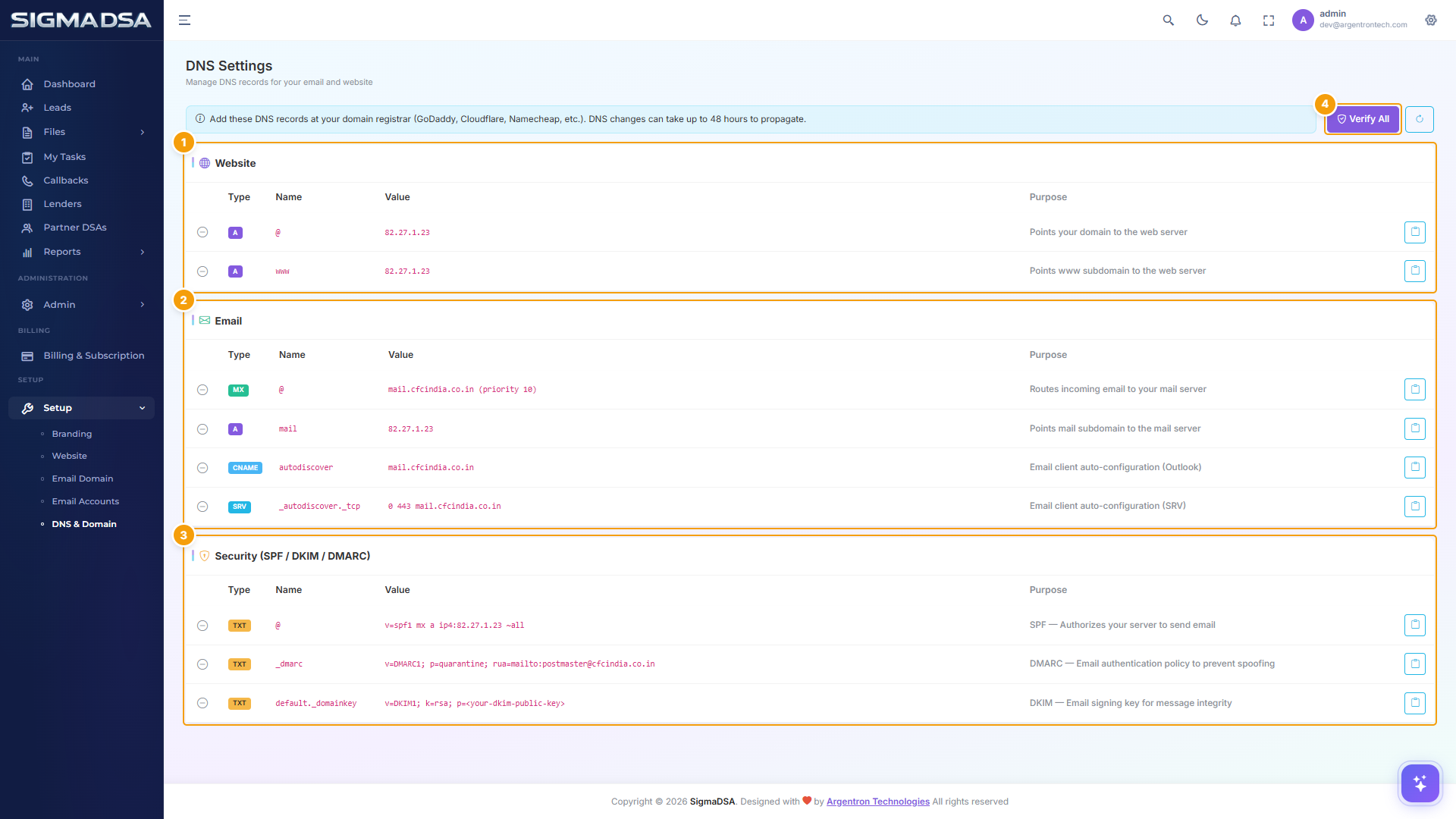 DNS Settings page with Website, Email, Security records grouped into cards and Verify All button highlighted