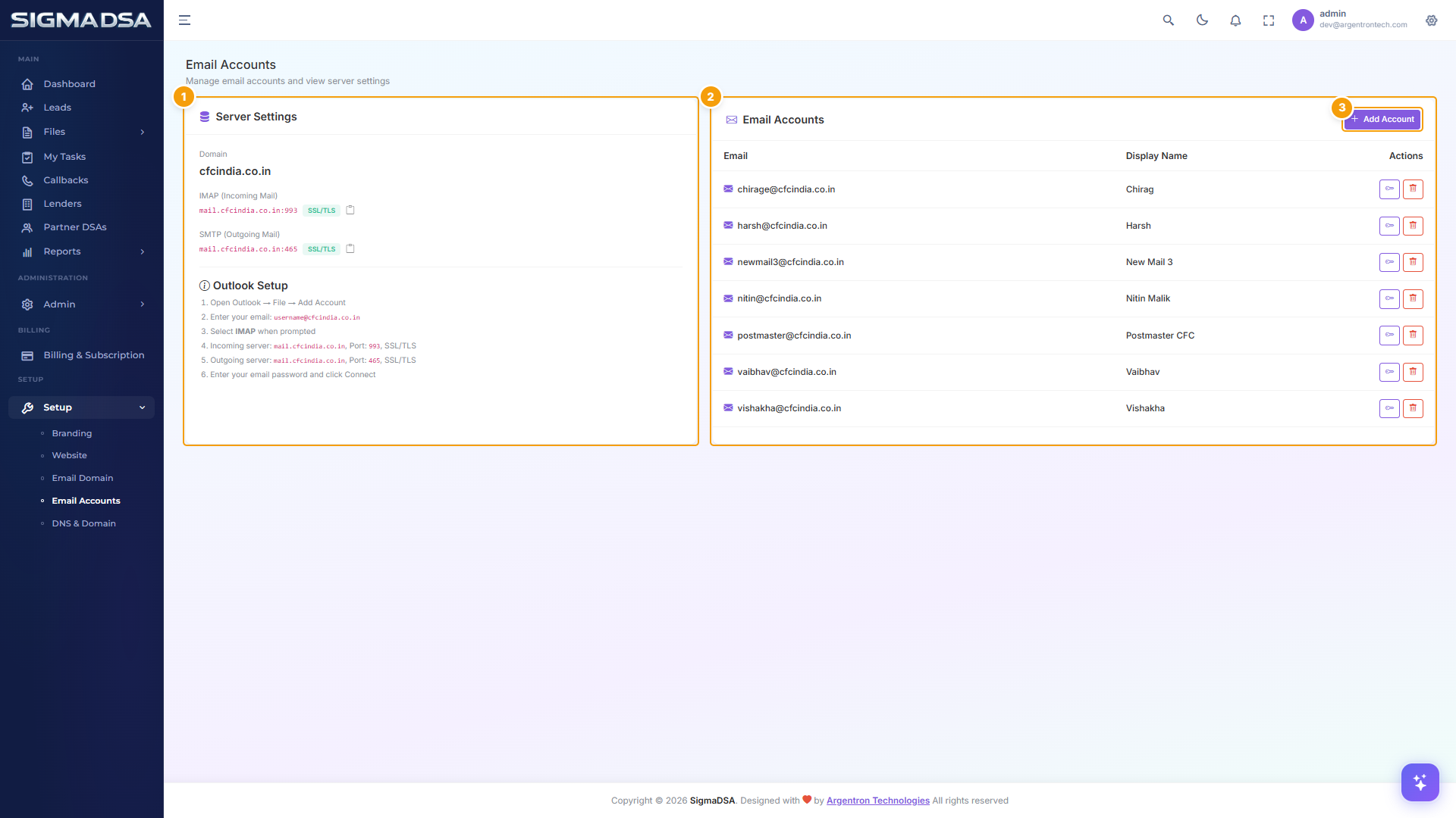 Email Accounts page with Server Settings, Outlook Setup steps, Email Accounts table, and Add Account button highlighted