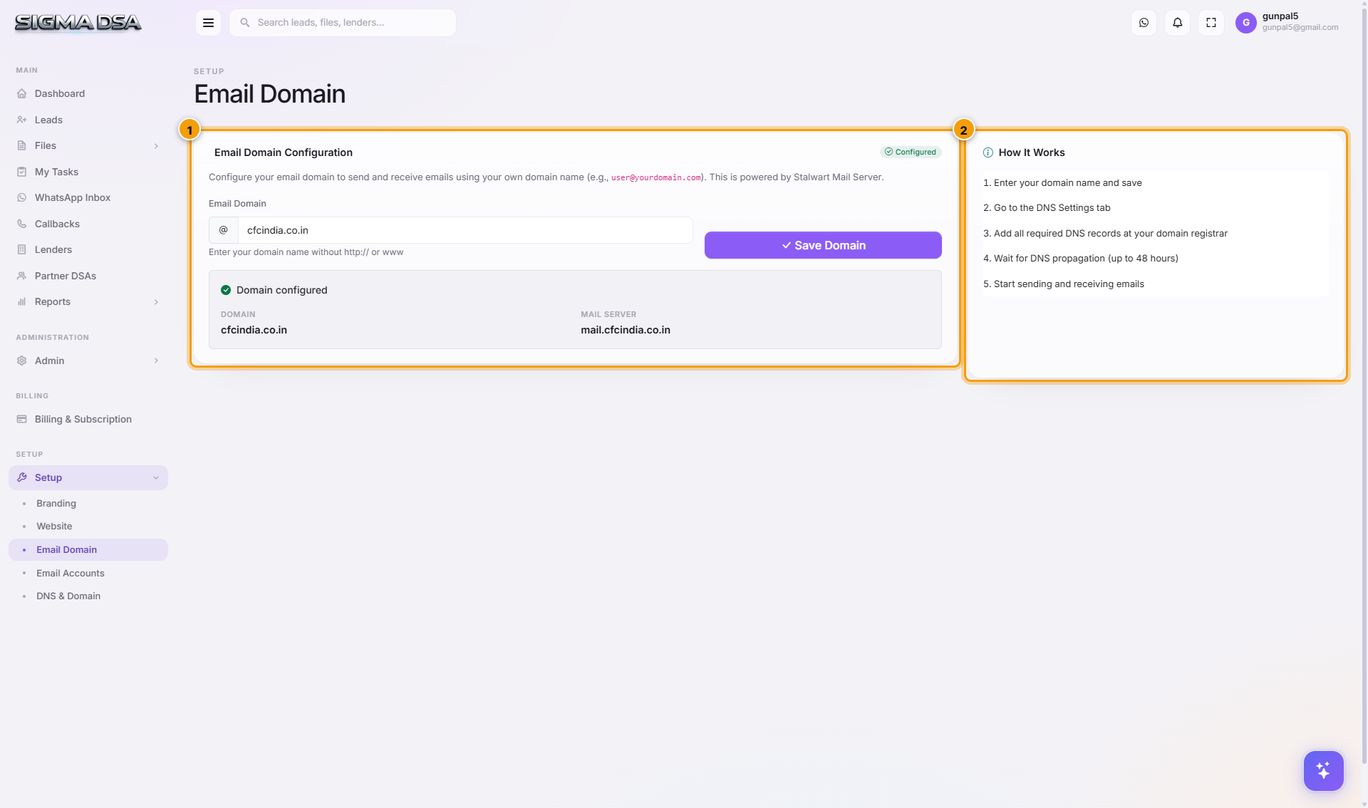 Email Domain page with configuration card and How It Works steps highlighted