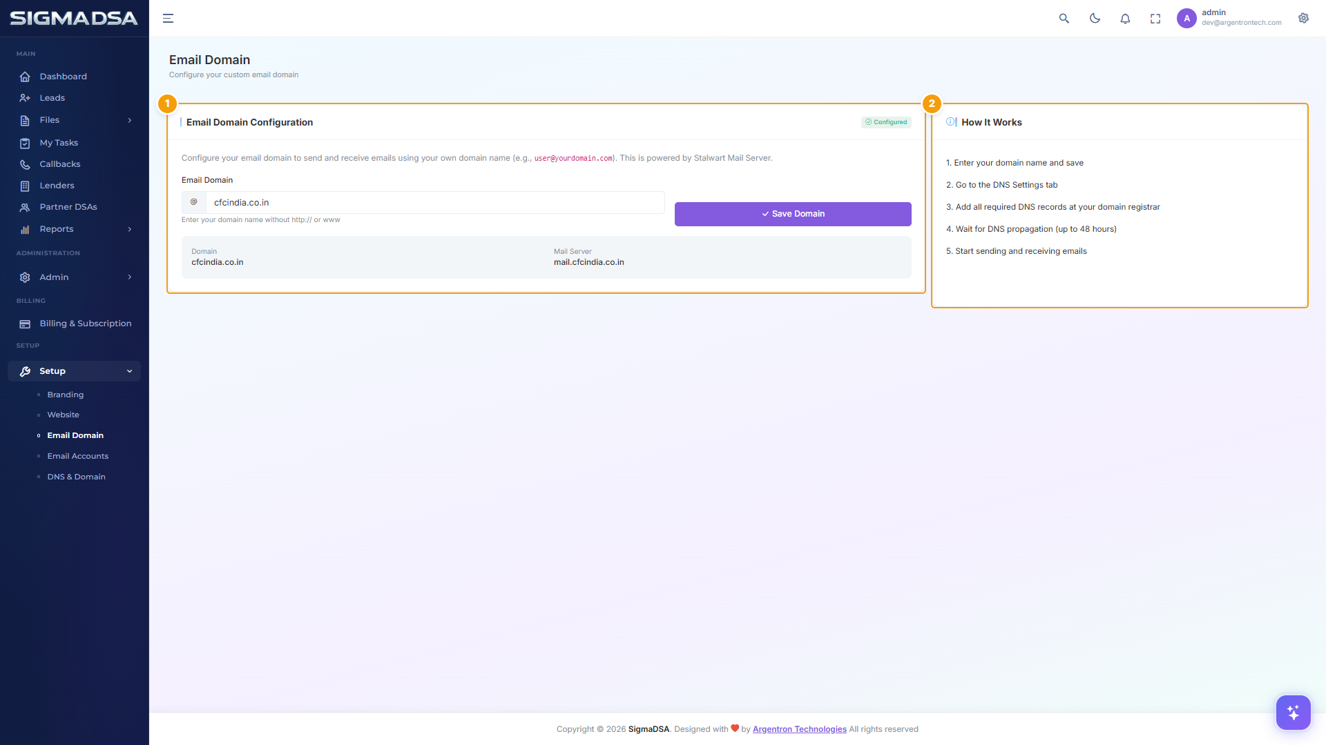 Email Domain page with configuration card and How It Works steps highlighted