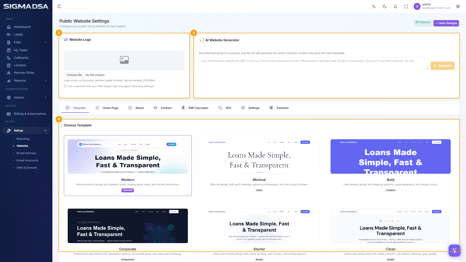 Website Settings page with Public Website Settings, Website Logo, AI Website Generator, Choose Template cards highlighted