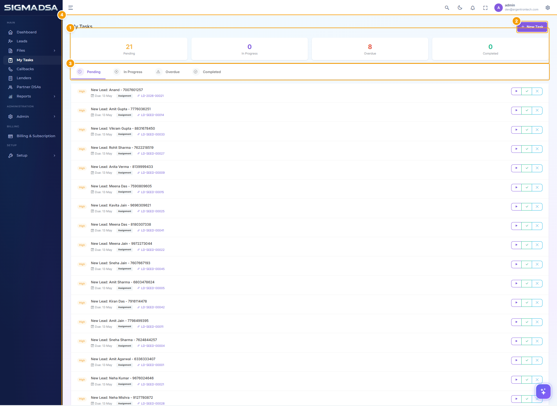 My Tasks board with status counters, tab strip, and task rows highlighted
