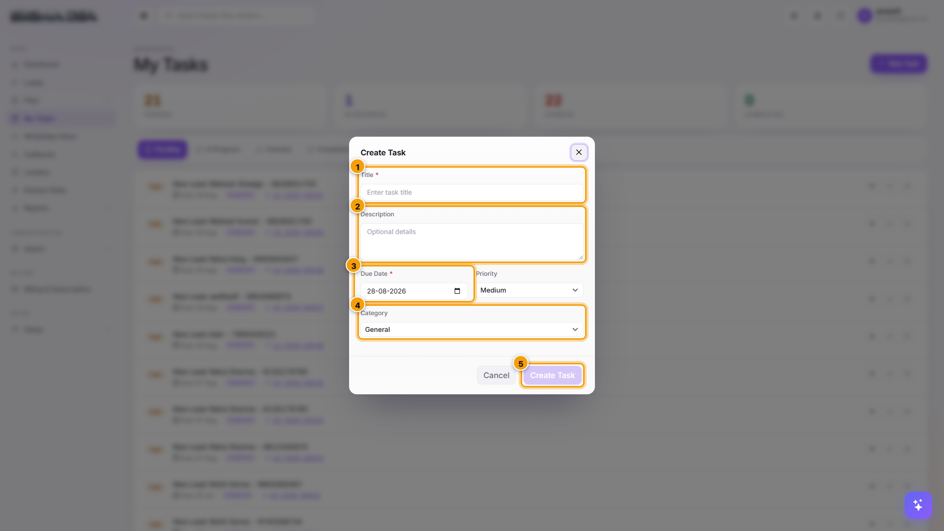 Create Task modal with Title, Description, Due Date, Priority, Category, and Save Task highlighted