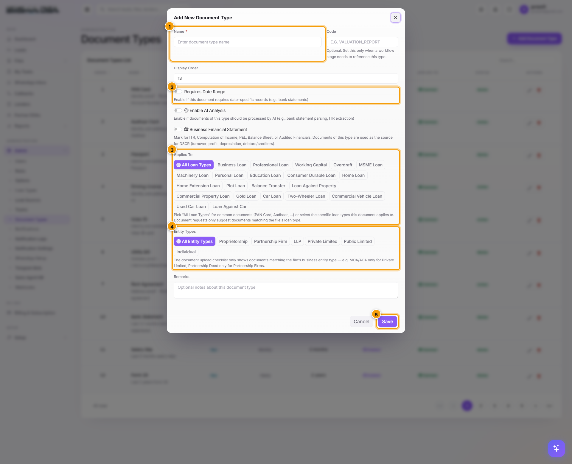 Add Document Type modal with form fields and Save button highlighted