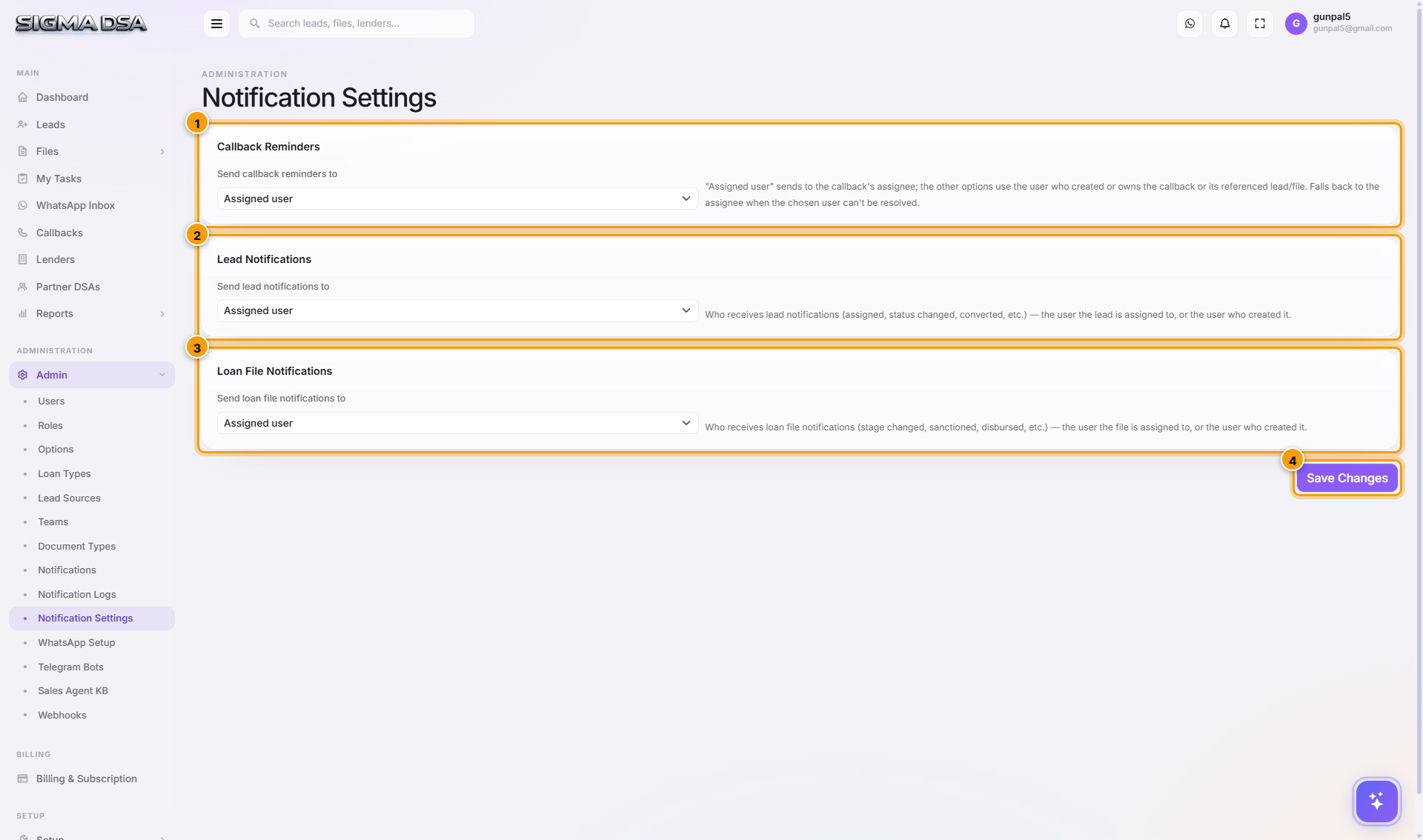 Notification Settings page with the Callback Reminders, Lead Notifications and Loan File Notifications cards highlighted