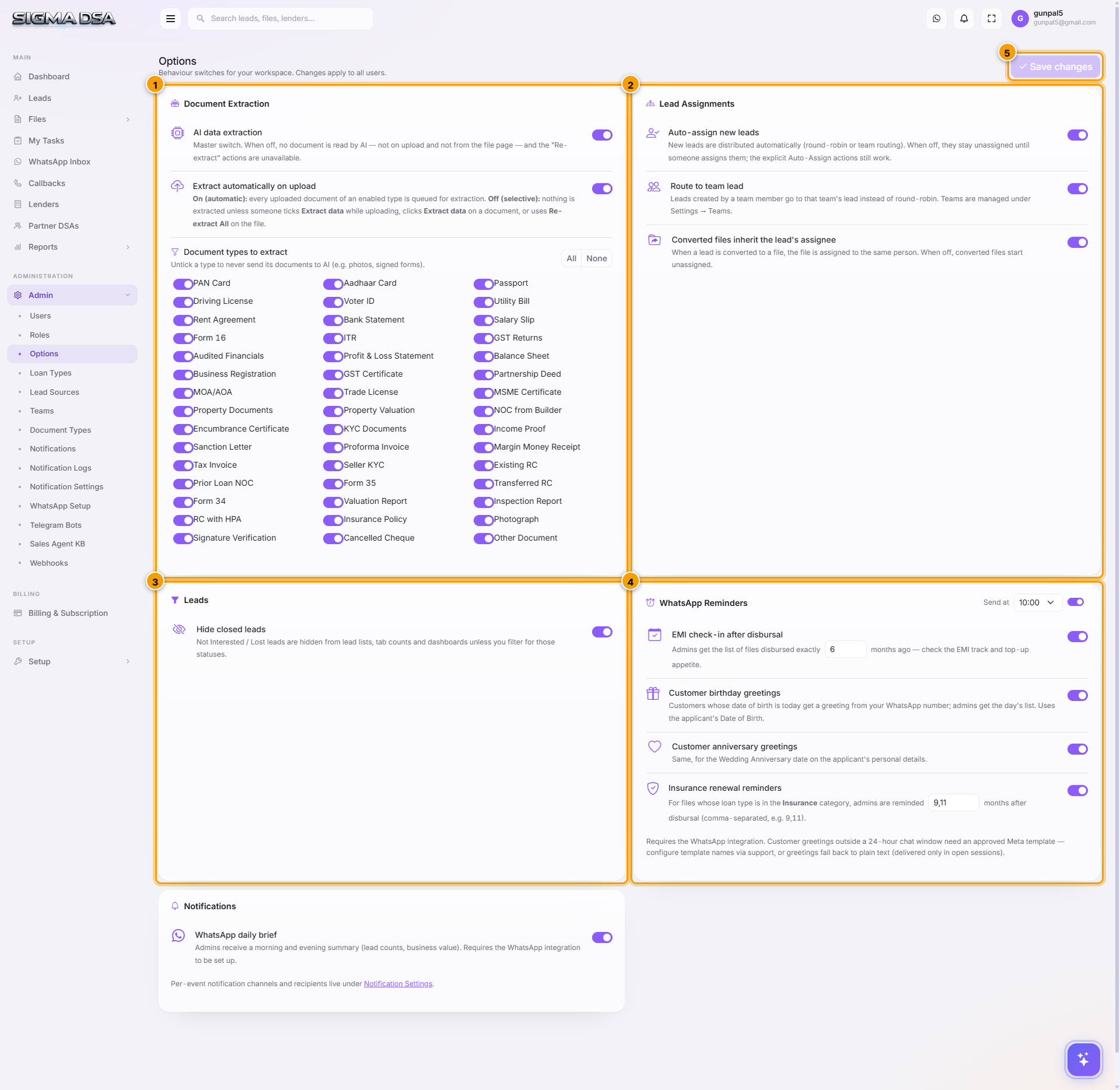 Options page with the Document Extraction, Lead Assignments, Leads and WhatsApp Reminders cards highlighted
