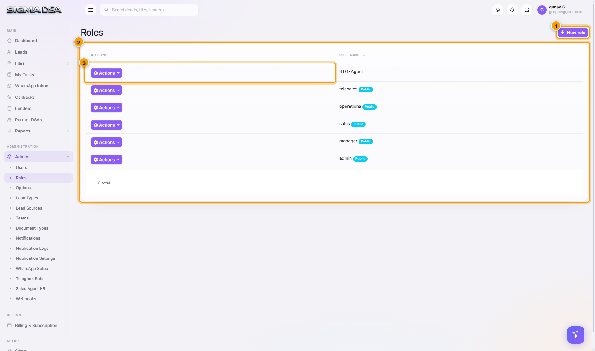 Roles list with New role button, table, and per-row Actions highlighted