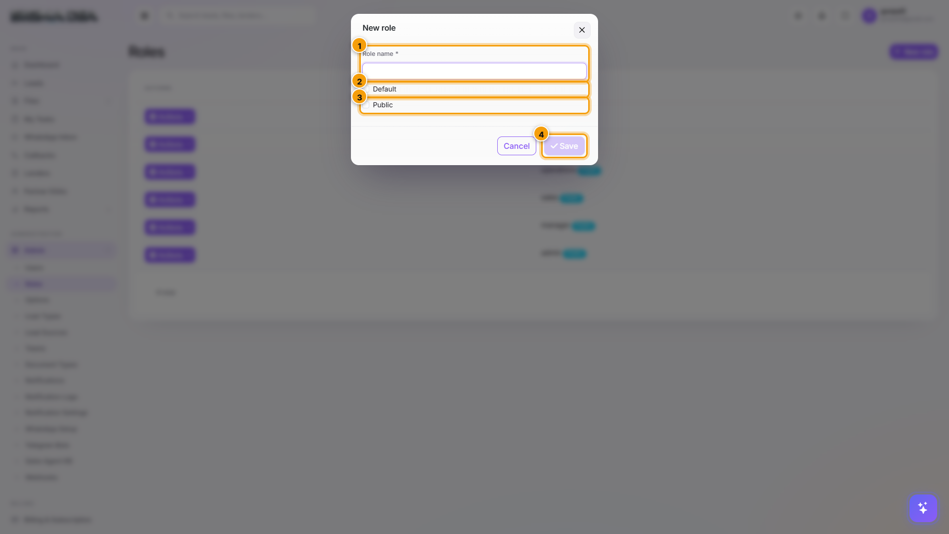 New Role modal with Role name, Default + Public checkboxes, and Save button highlighted