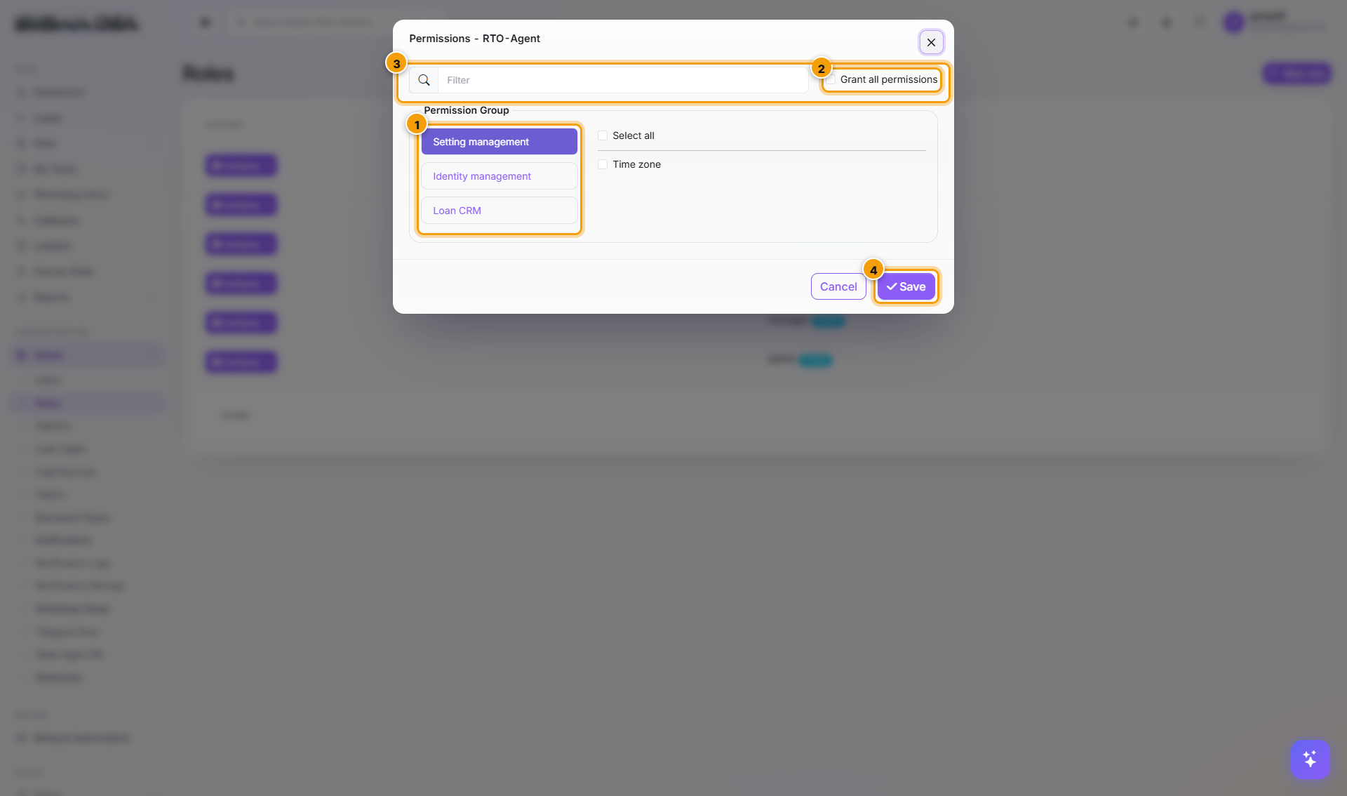 Role Permissions modal with permission groups on the left and Loan CRM permission tree on the right