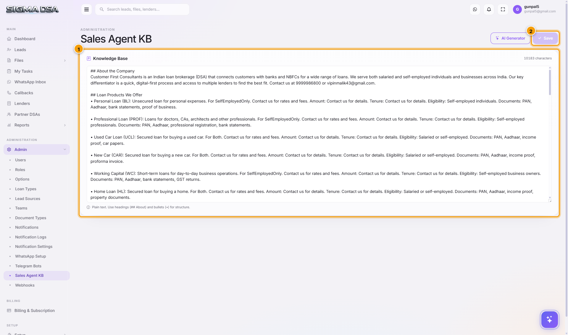 Sales Agent KB page with the knowledge base editor and character count highlighted