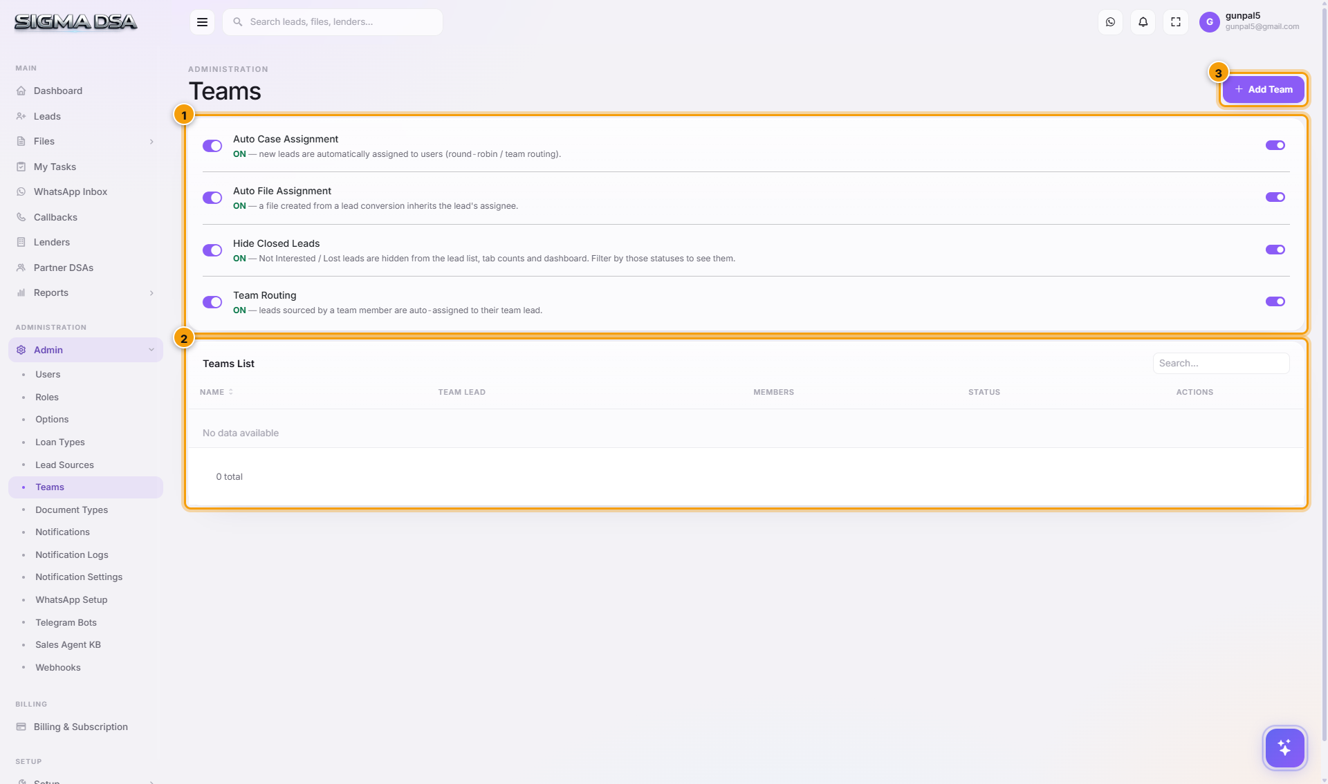 Teams page with the Auto Case Assignment card and Teams List highlighted