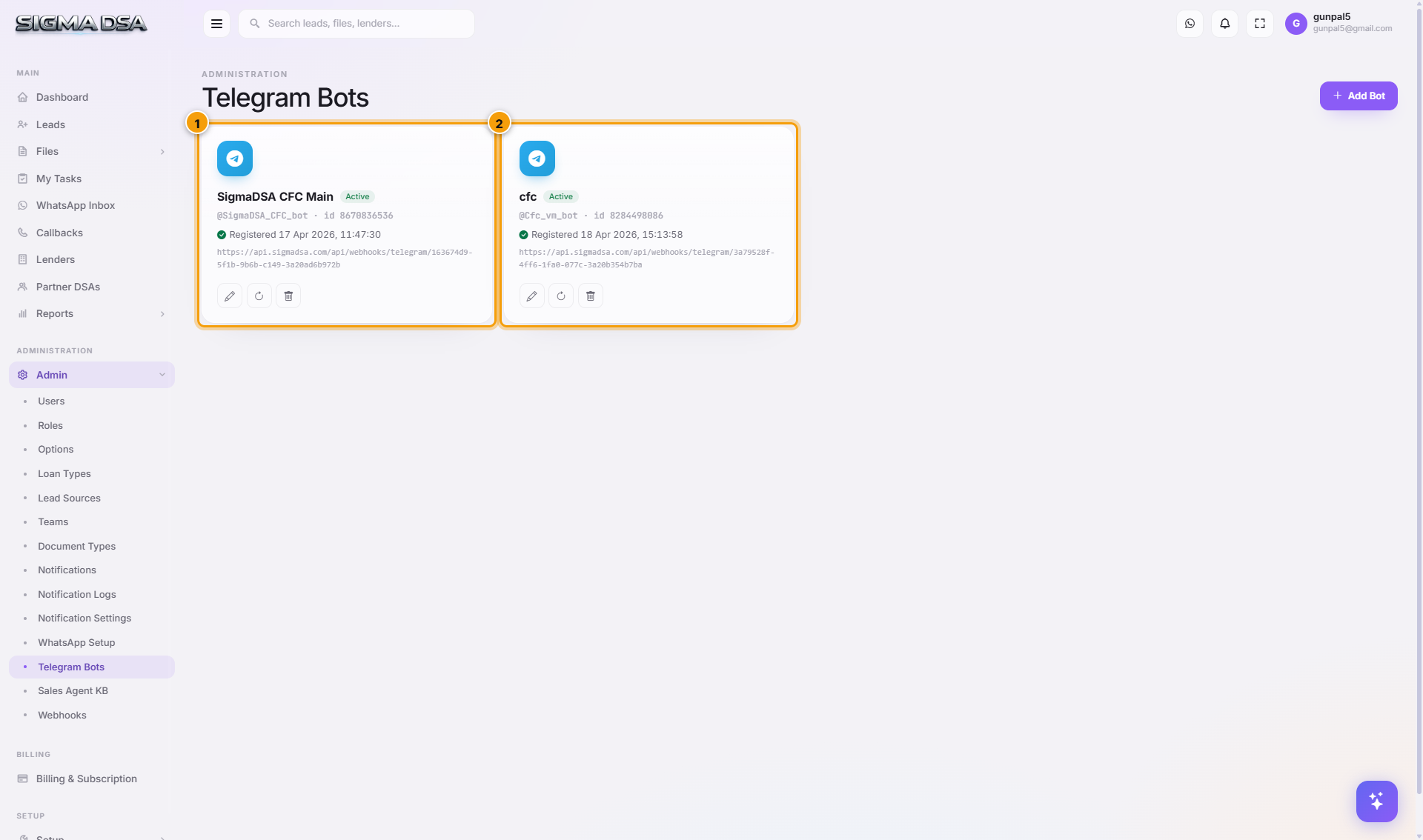 Telegram Bots page with Add Bot button and configured bots table highlighted