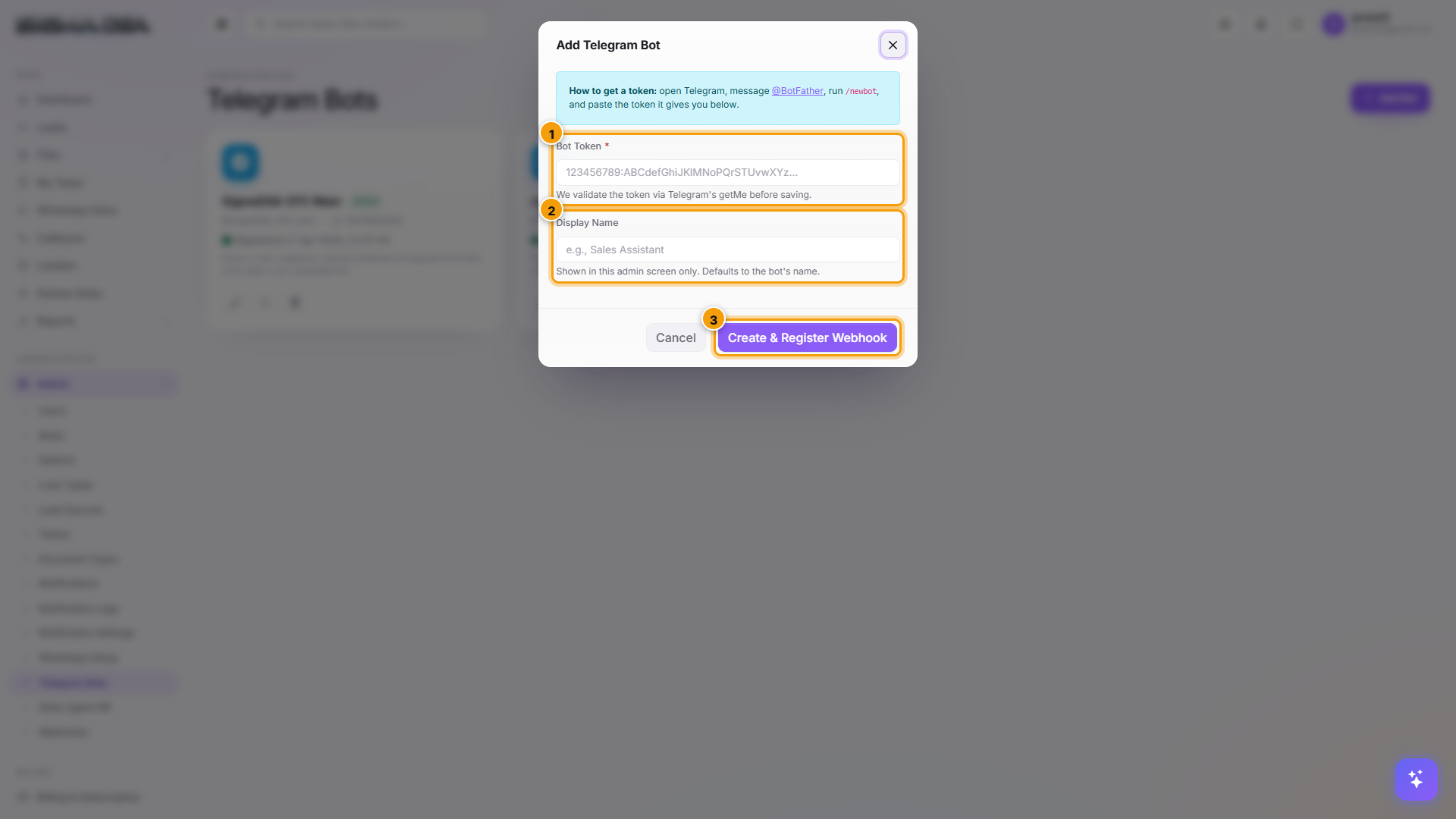 Add Telegram Bot modal with Bot Token, Display Name, and Save button highlighted