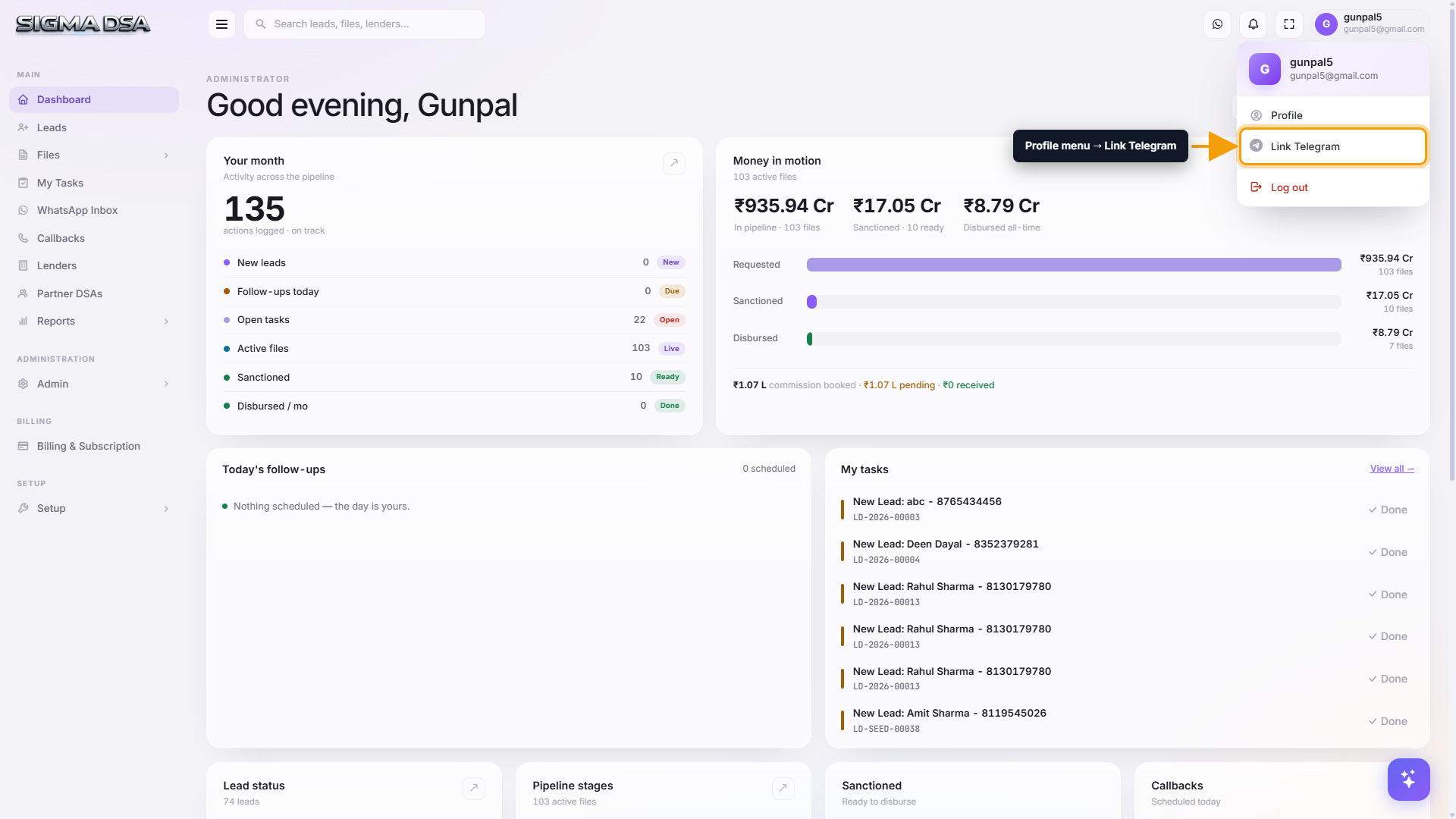 User menu open showing Profile, Settings, Link Telegram, Log Out items highlighted