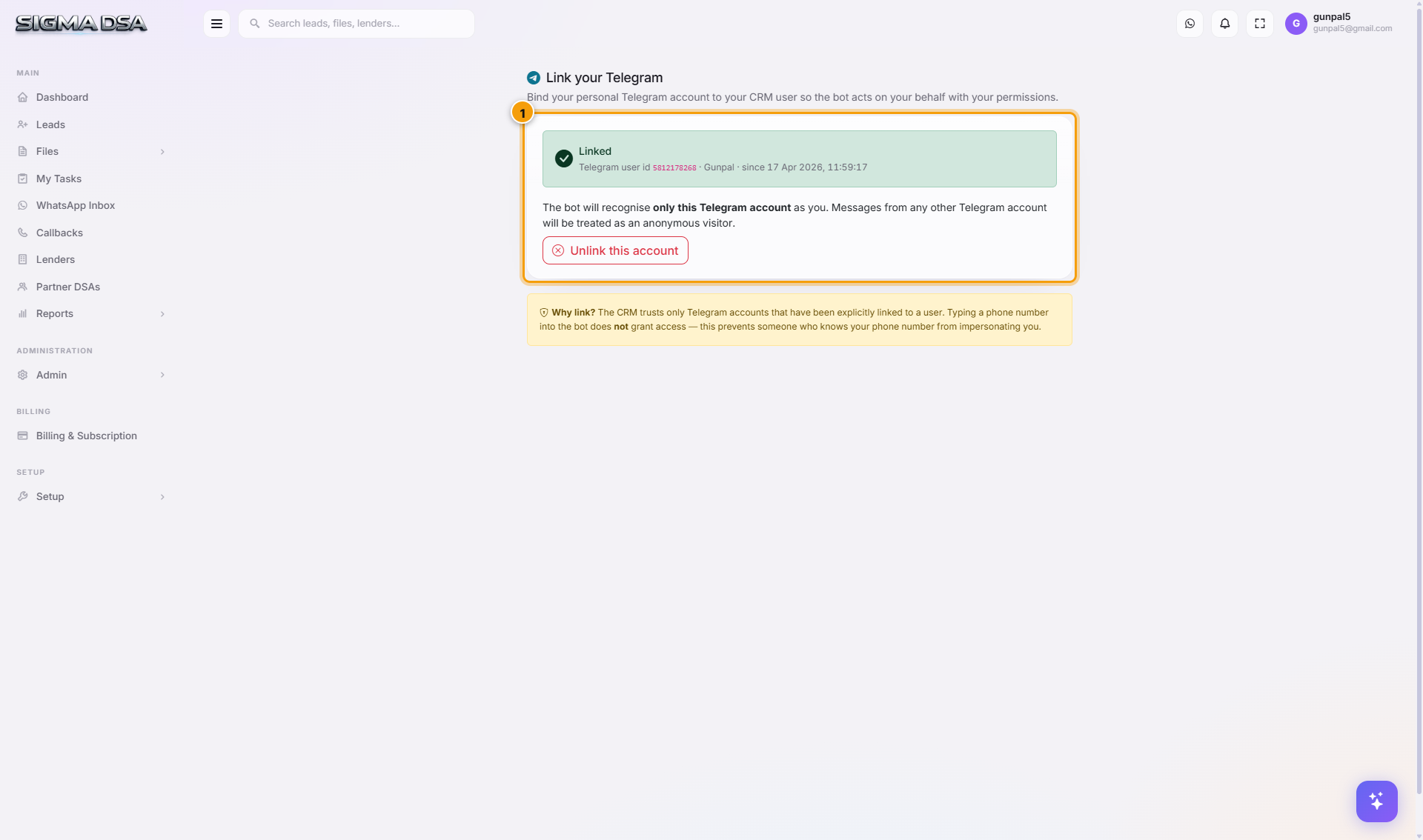Link your Telegram page with Generate link code button and Why link card highlighted