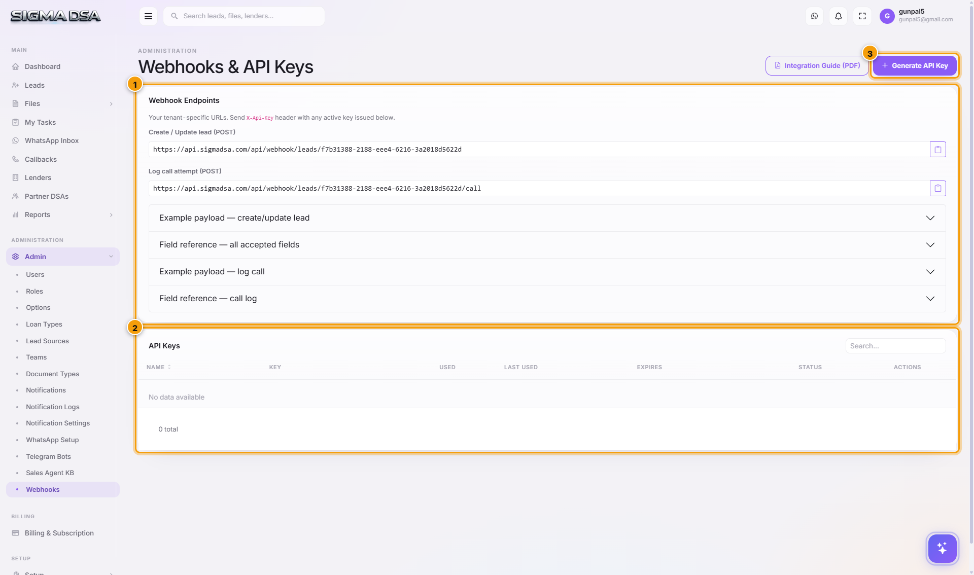 Webhooks and API Keys page with the endpoints and API key sections highlighted