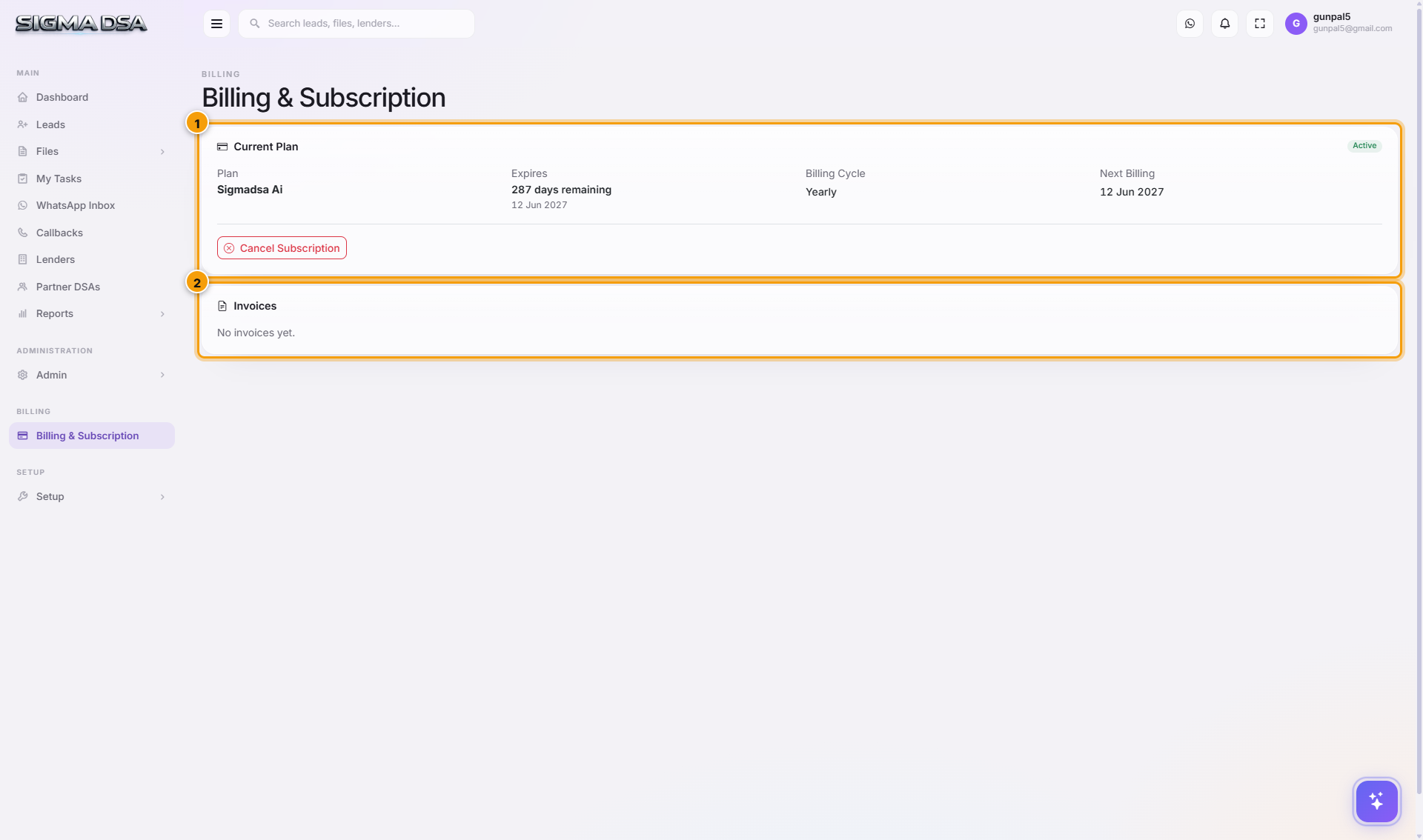 Billing and Subscription page with the Current Plan card and Invoices list highlighted