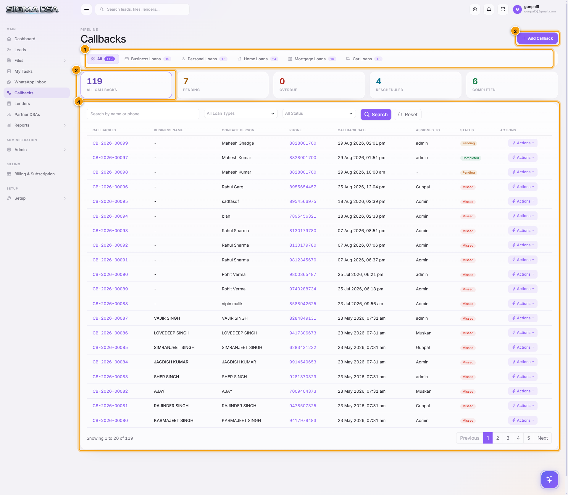 Callbacks board with Add Callback button, loan-type tabs, status counters, filters, and the callback table highlighted