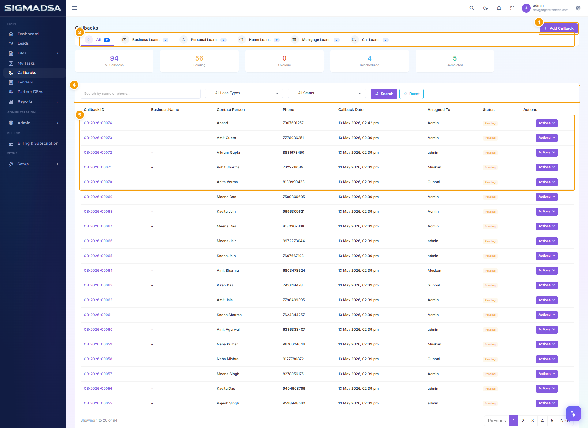 Callbacks board with Add Callback button, loan-type tabs, status counters, filters, and the callback table highlighted