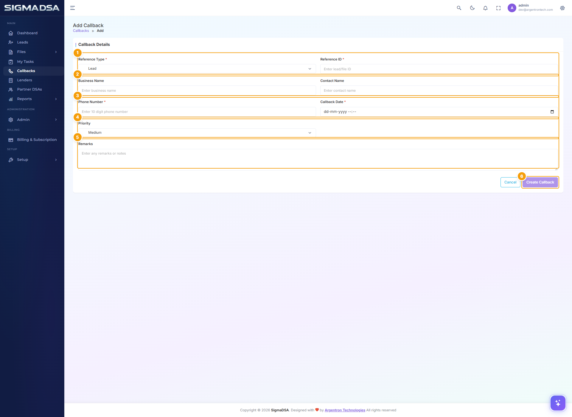 Add Callback form with Reference Type, Reference ID, Business Name + Contact Name, Phone + Callback Date, Priority, Remarks, and Create Callback button highlighted