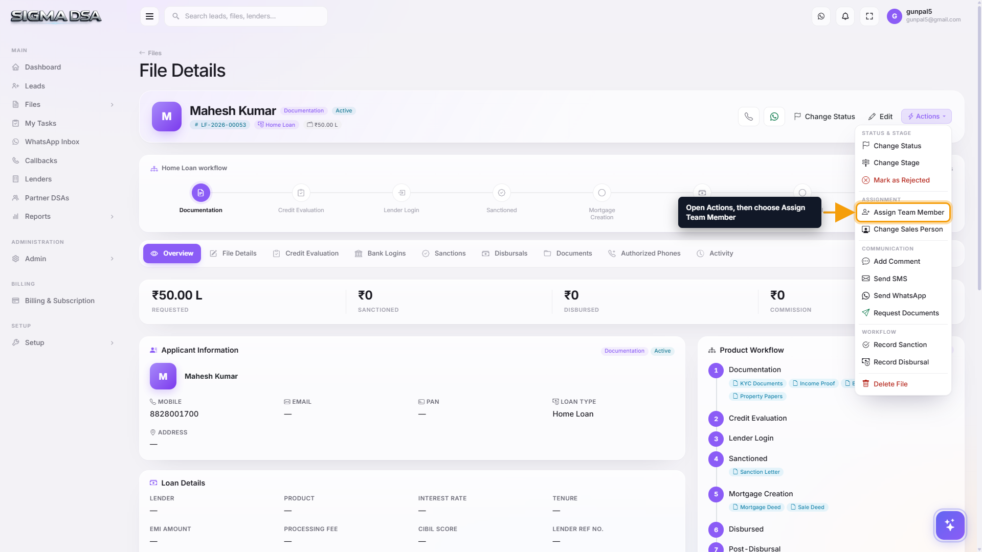 File detail page header with Actions dropdown open and Assign Team Member highlighted