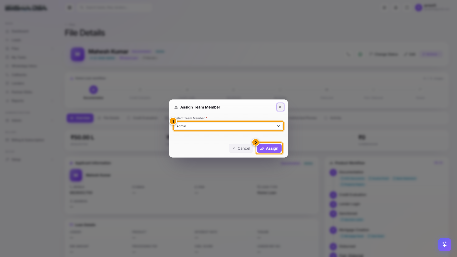 Assign Team Member modal with the team member dropdown and Assign button highlighted