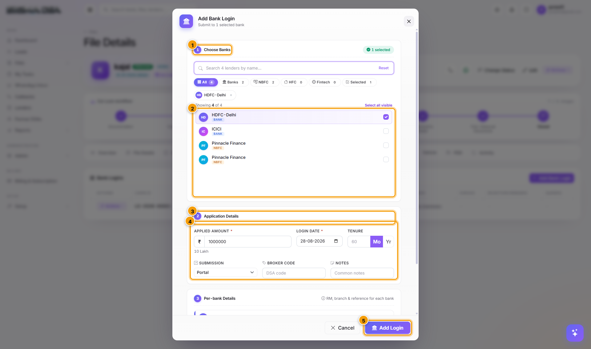 Add Bank Login modal with five numbered regions highlighted in orange