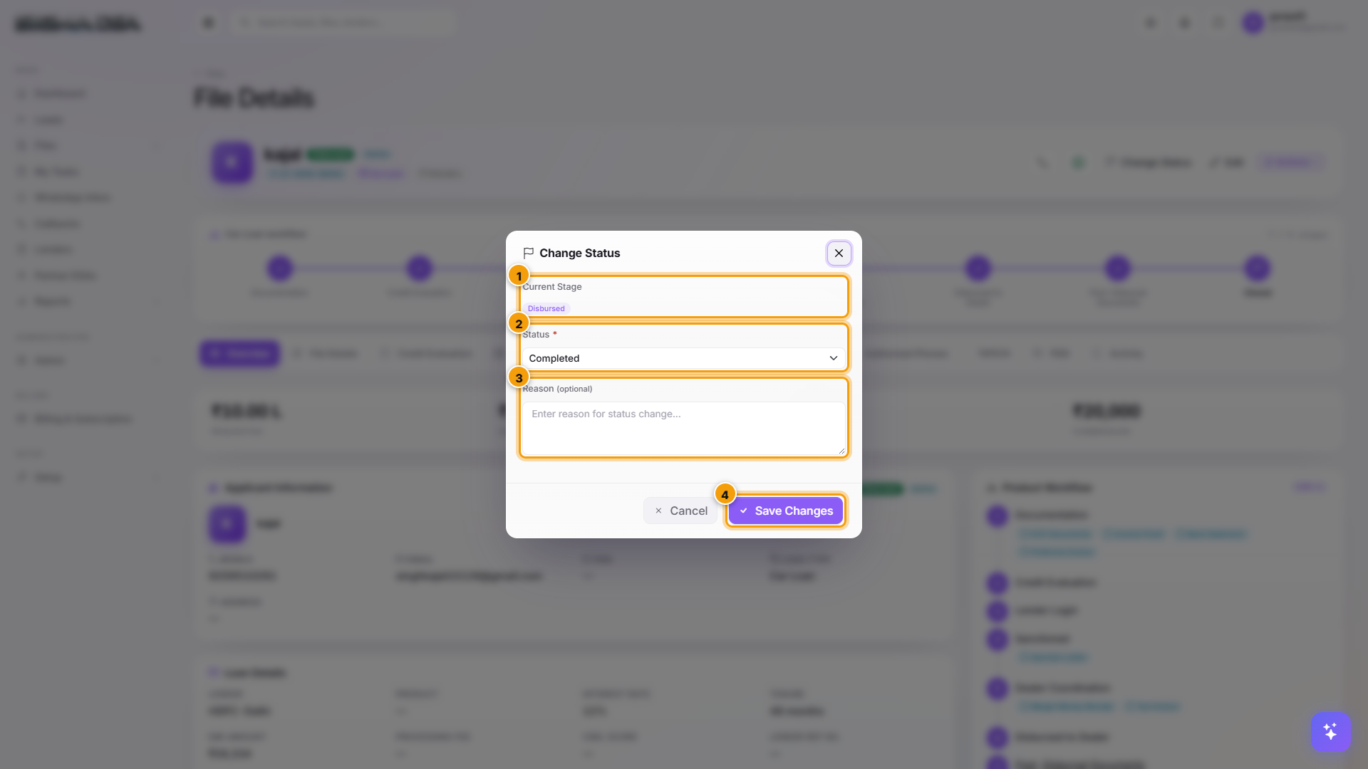 Change Status modal with Current Stage, Status dropdown, Reason field, and Save button highlighted