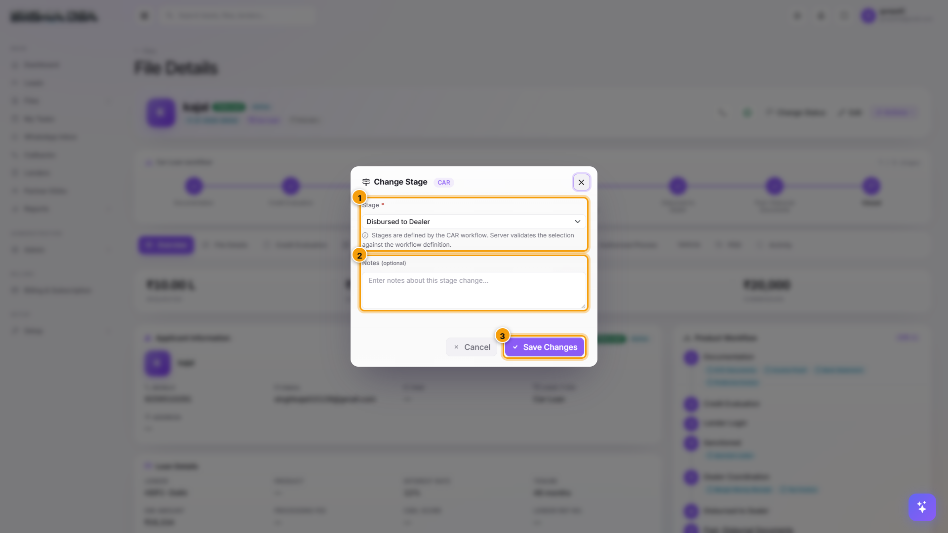 Change Stage modal with Stage dropdown, Notes, and Save Changes highlighted