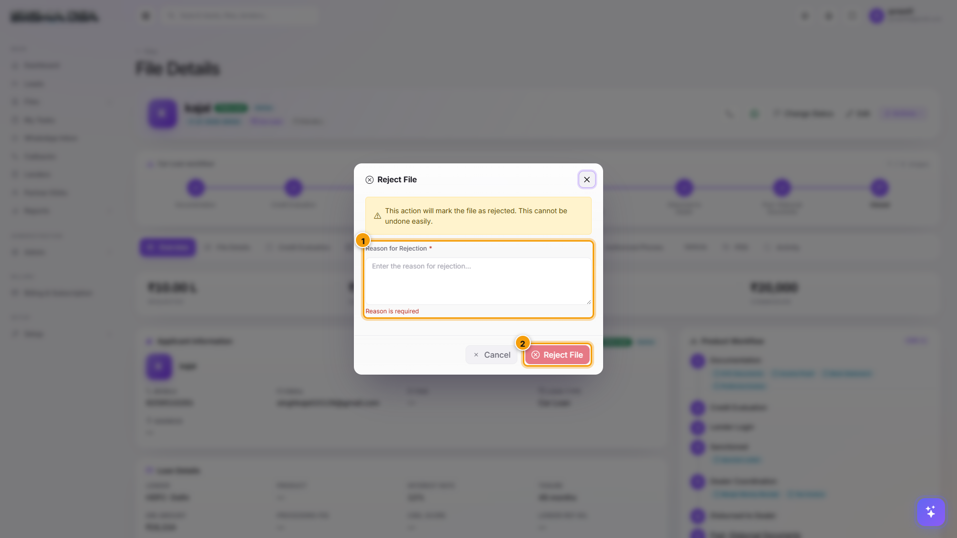 Reject File modal with Reason for Rejection textarea and Reject File button highlighted