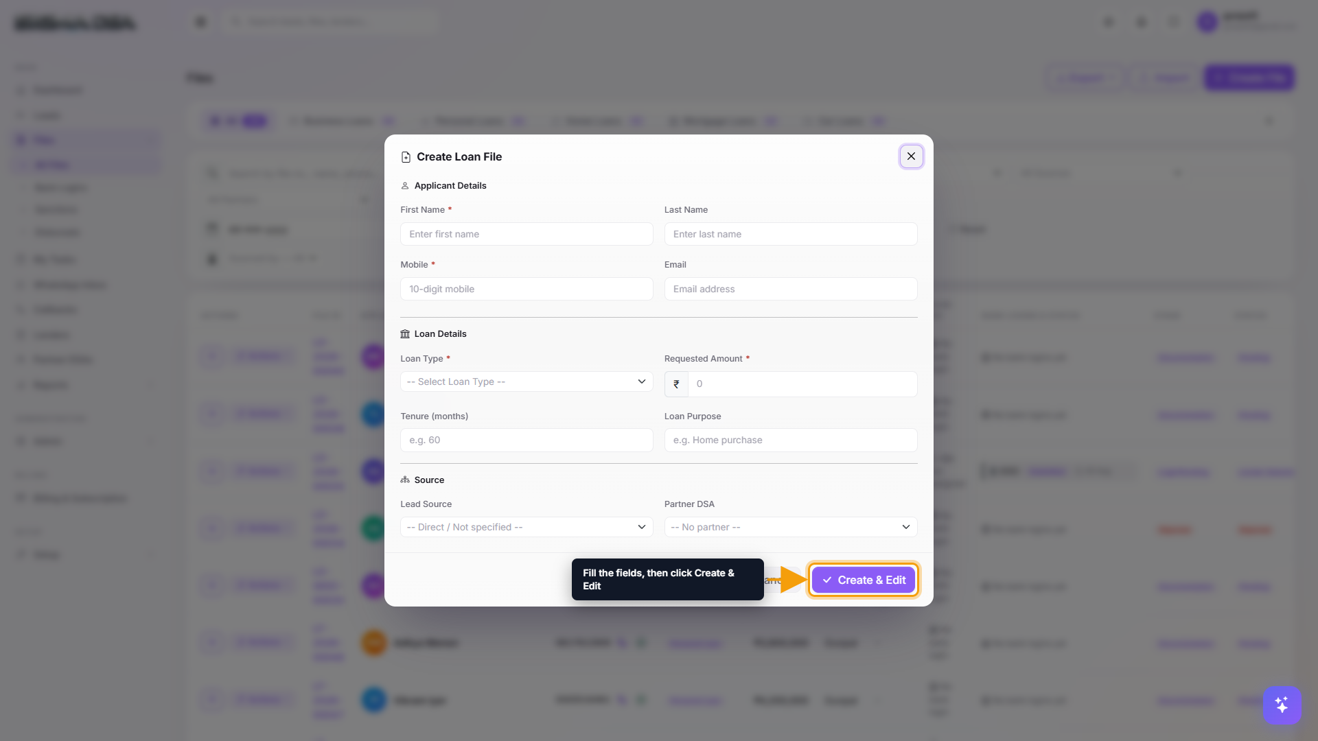 Create Loan File modal with ten fields and the Create & Edit button highlighted