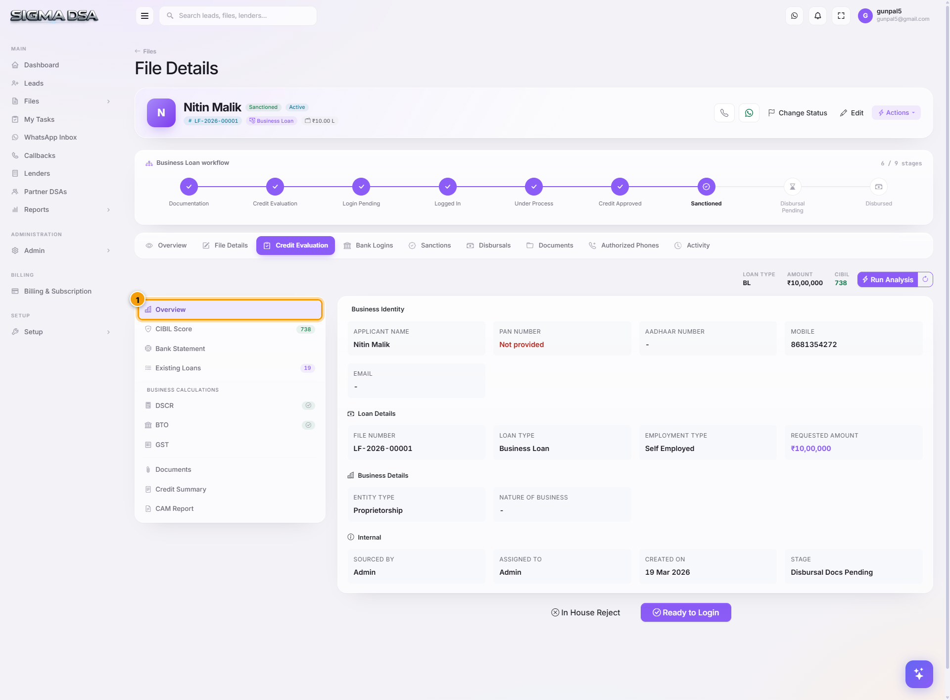 Credit Evaluation editor Overview section with Business Identity, Loan Details, Business Details, and Internal cards visible