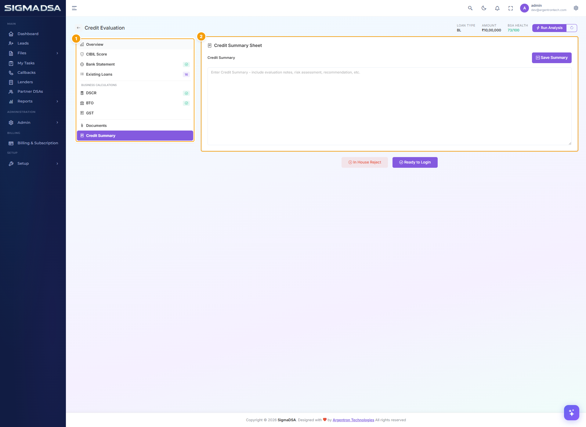 Credit Summary section of the Credit Evaluation editor with a Credit Summary textarea and Save Summary button