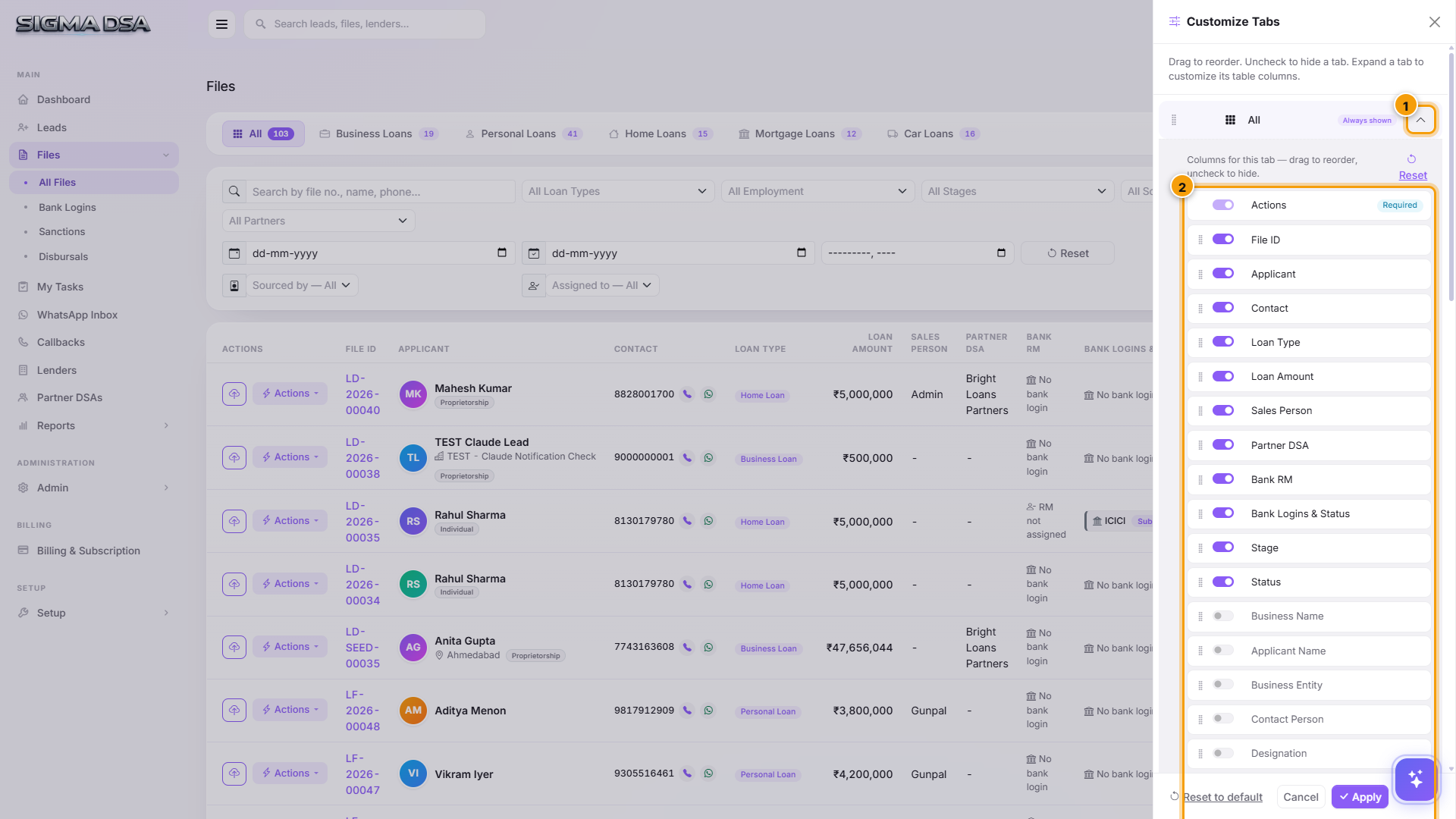 Tab customizer with the All Files row expanded showing every available column